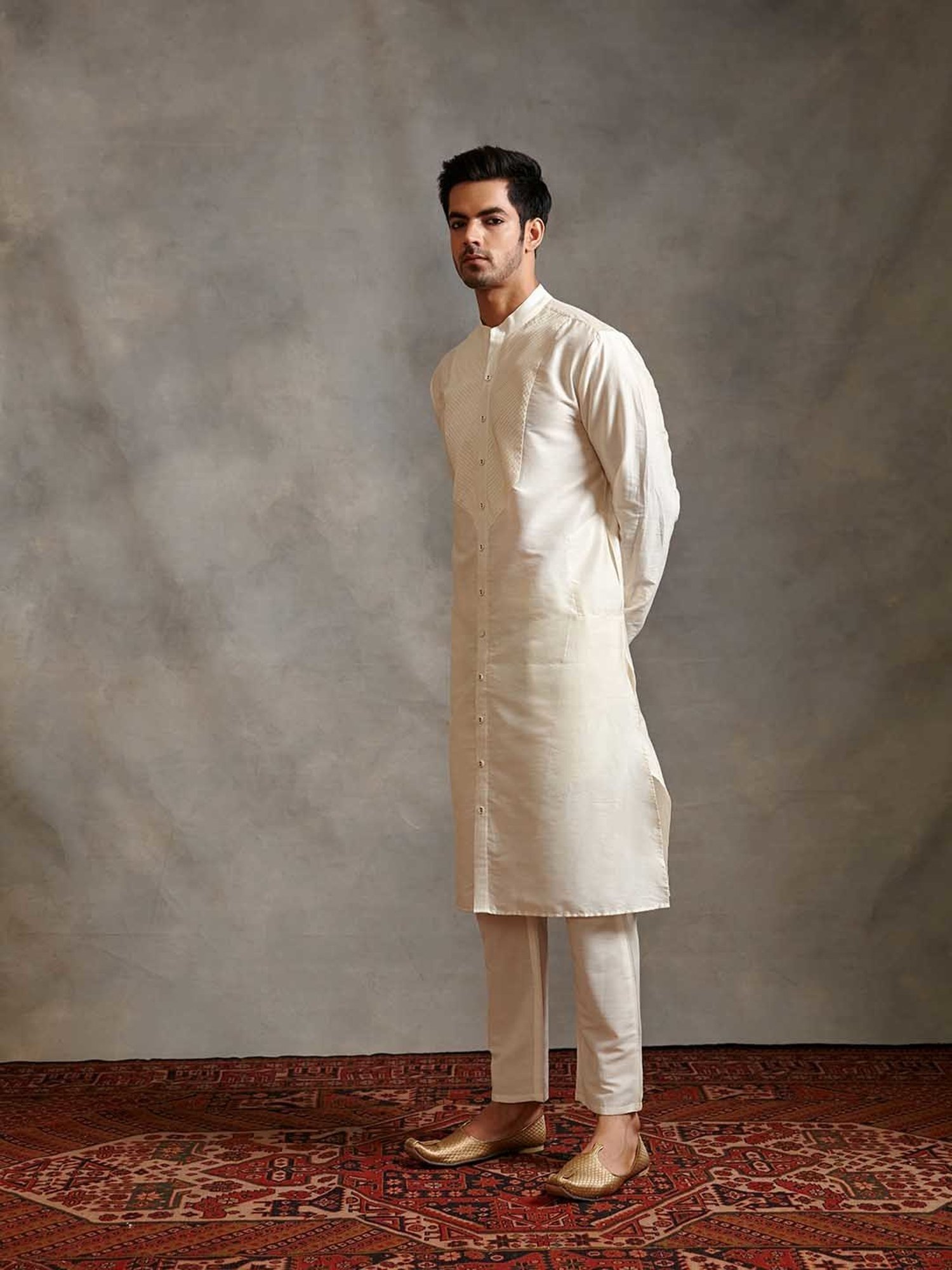 Abhishti Cream Regular Fit Banarasi Kurta & Straight Pants