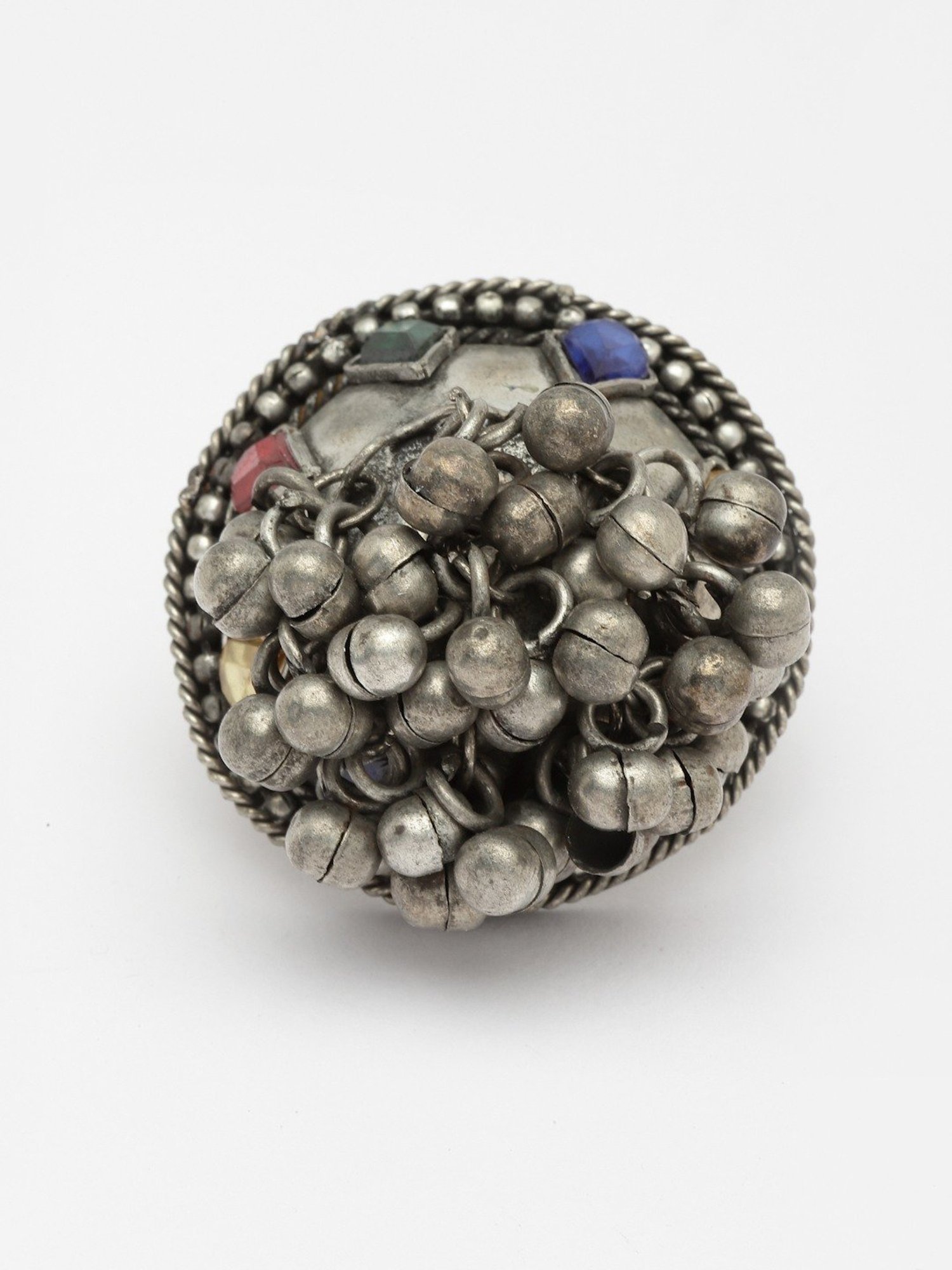 Moedbuille Stones & Ghungroo Studded Antique Design Oxidised Silver Plated Finger Ring