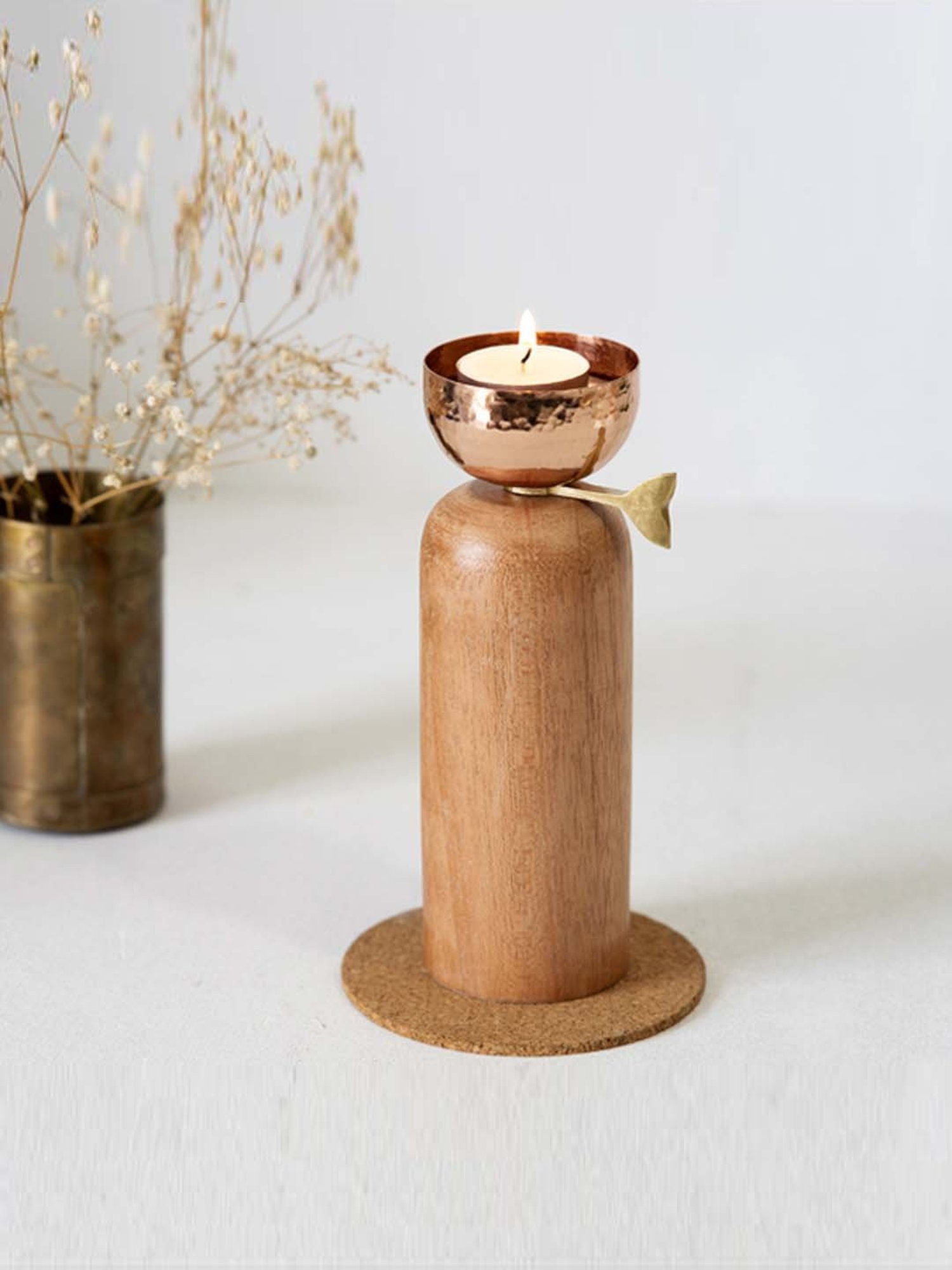 COPPRE Metallic Brown Wood Astra Tall Tealight - Set of 1