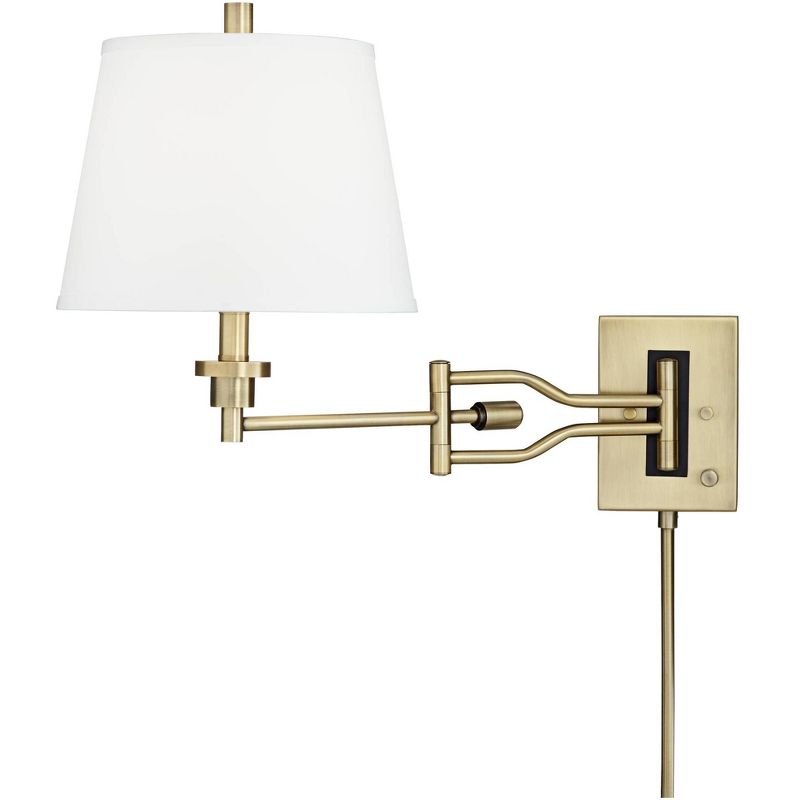 Barnes and Ivy Modern Swing Arm Wall Lamp Brushed Satin Brass Plug-In Light Fixture White Linen Empire Shade for Bedroom Bedside