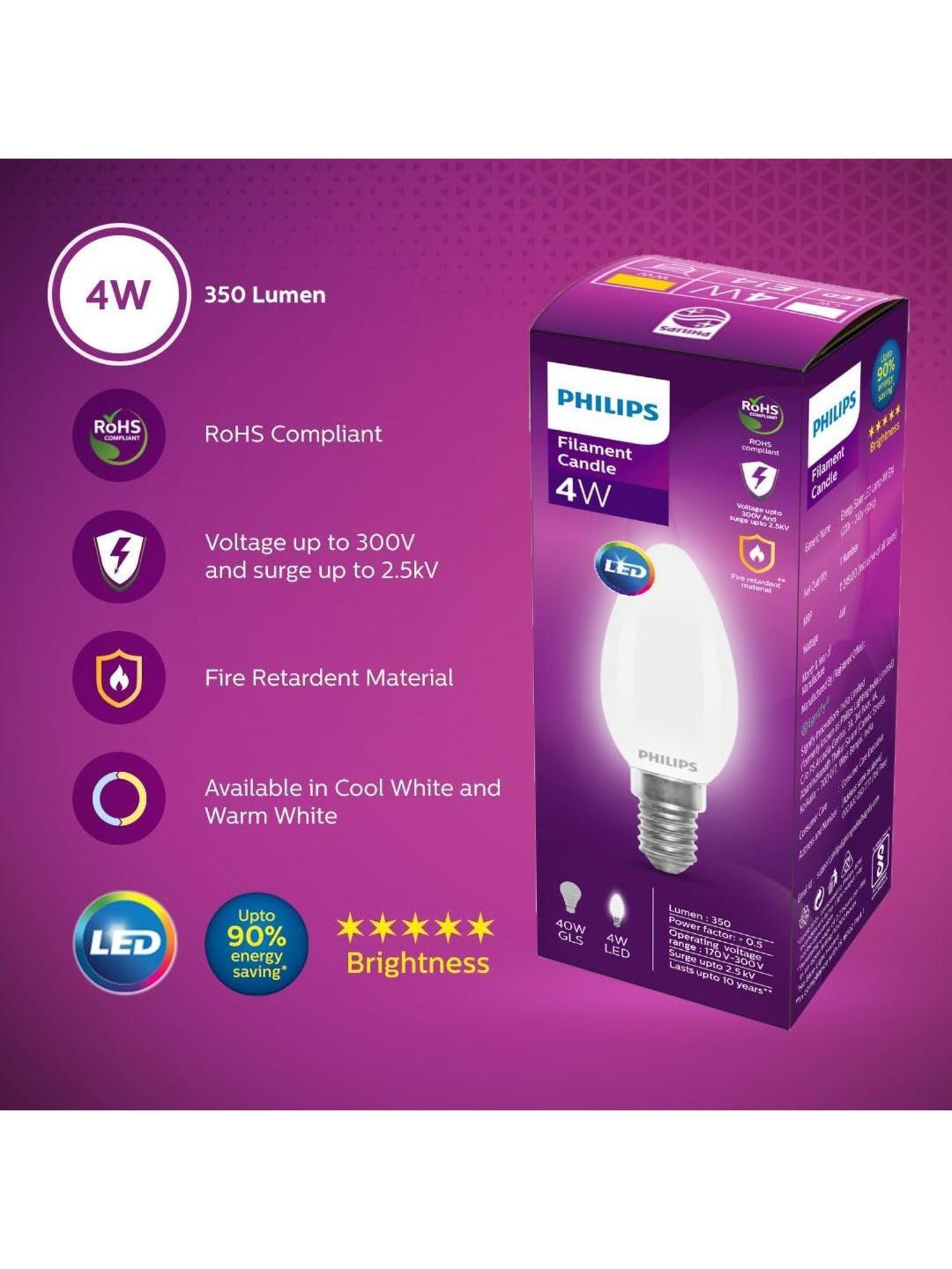Philips 4-Watt, E14 Diffused Candle LED Bulb for Home & Decoration Pack of 2 (Warm White)