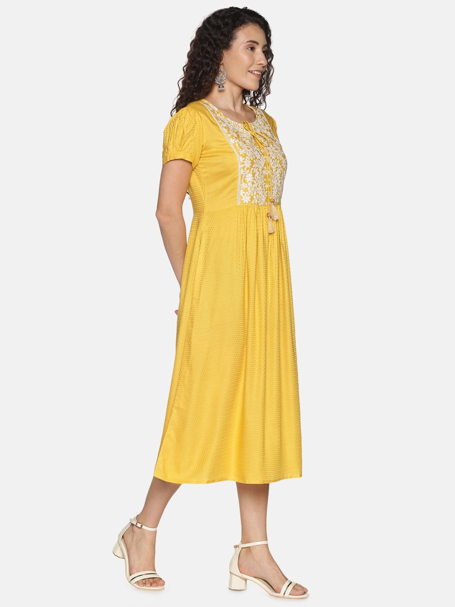 Saffron Threads Yellow Rayon Embroidered Midi Dress
