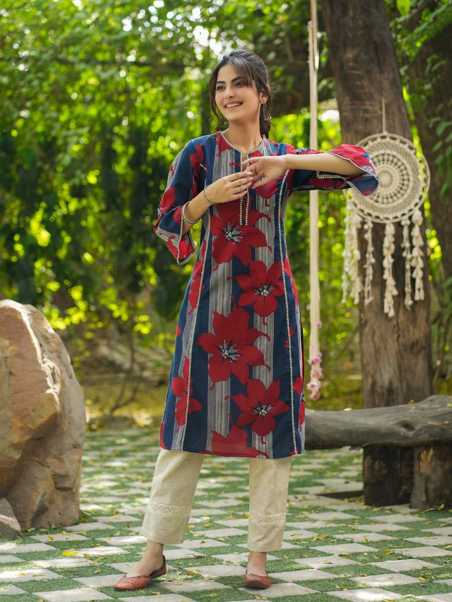 Rain and Rainbow Blue & Red Cotton Floral Print A Line Kurta