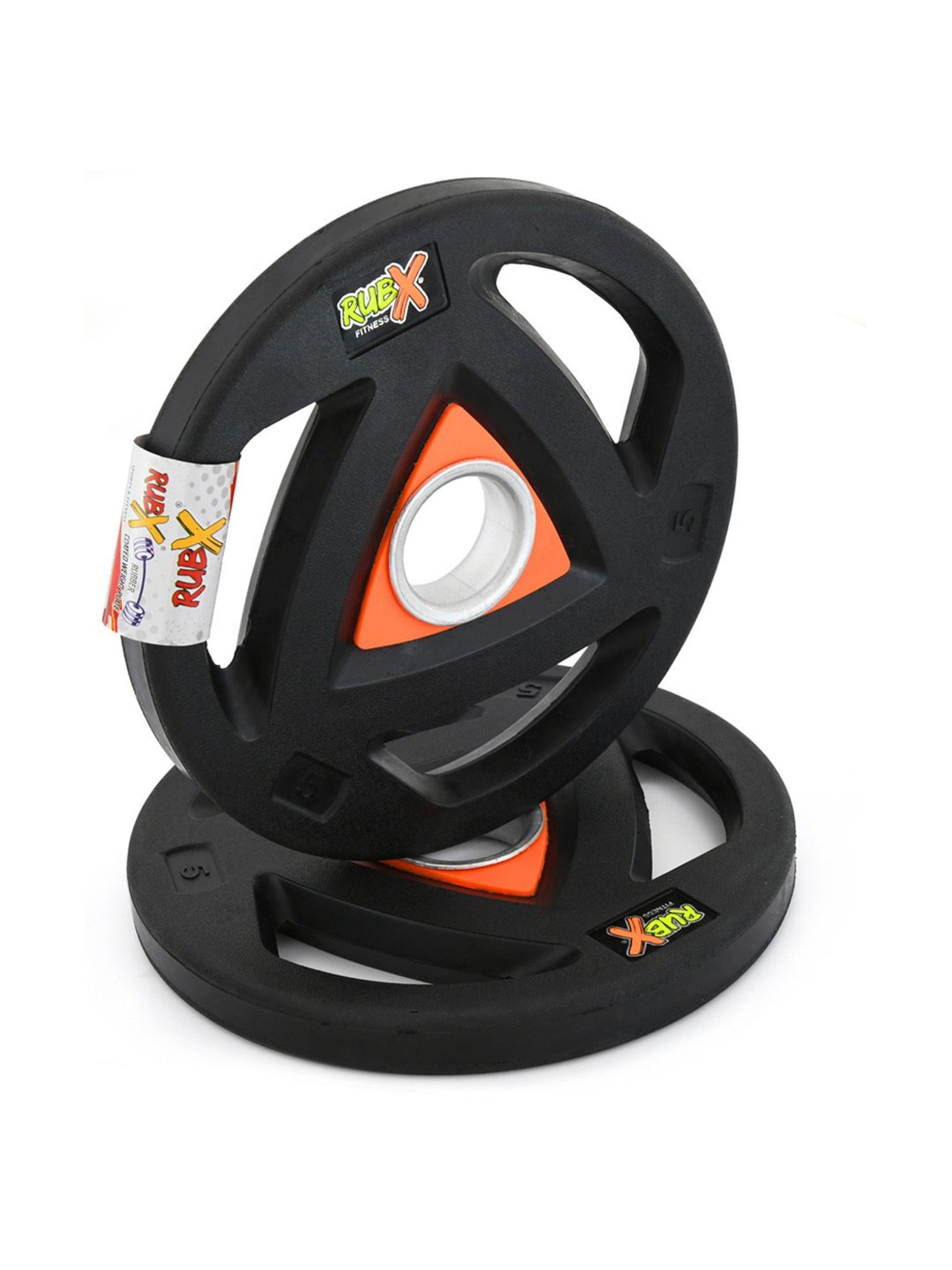 RUBX Rubber Coated Metal Integrated Tri-Grip Olympic Weight Plates 50 MM Center Hole Diameter (2.5)