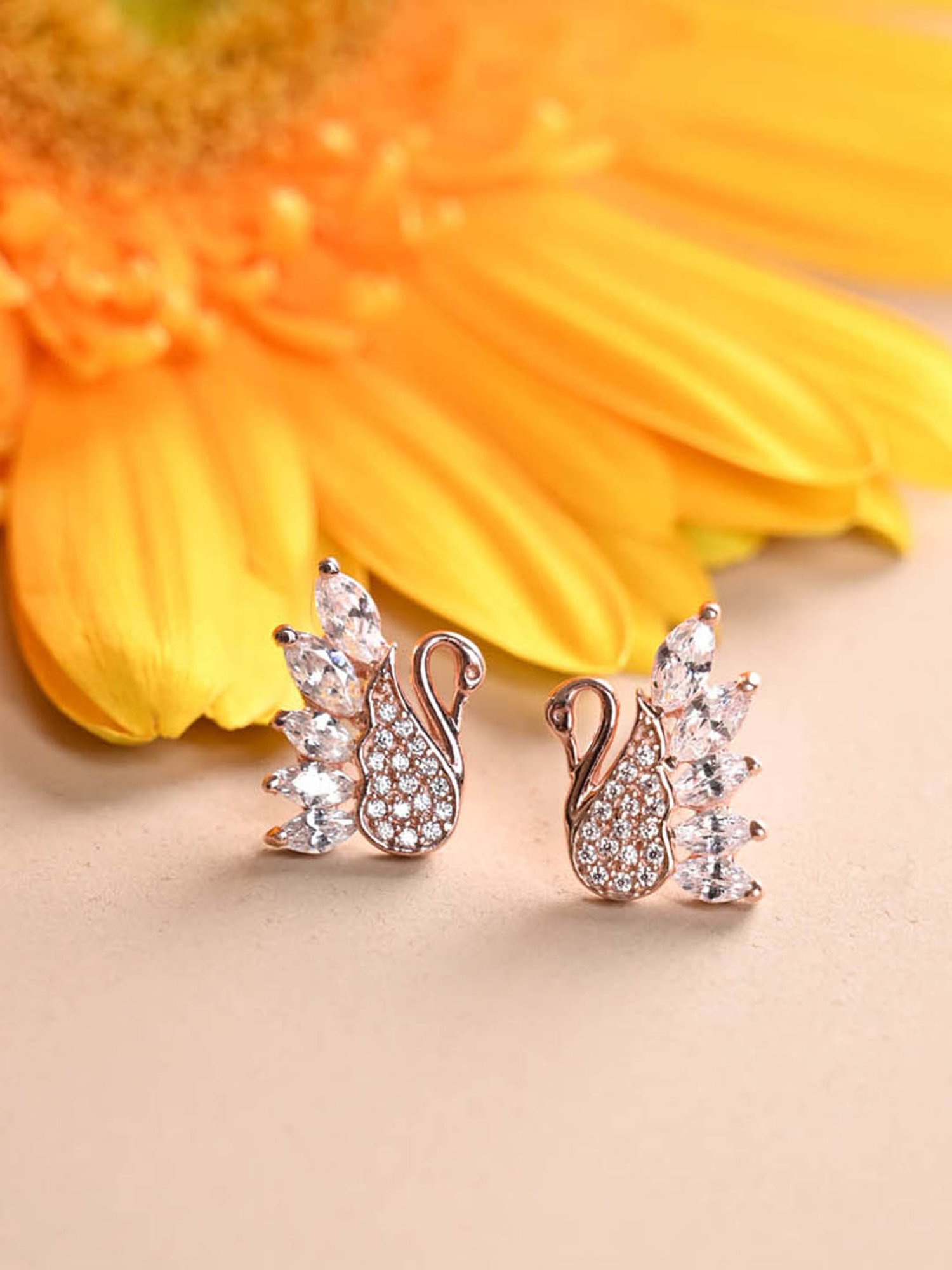 Clara 925 Silver Rose Gold Plated Swiss Zirconia Dancing Swan Stud Earrings Gift for Women
