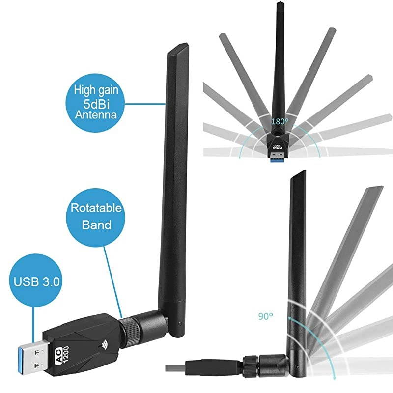 WiFi Adapter for PC AC1200Mbps Wireless Network Adapter for Desktop with 2.4GHz/5GHz High Gain Dual Band 5dBi Antenna, Supports Windows 10/8.1/8/7/XP, Mac OS 10.6-10.15,Vista,Linux