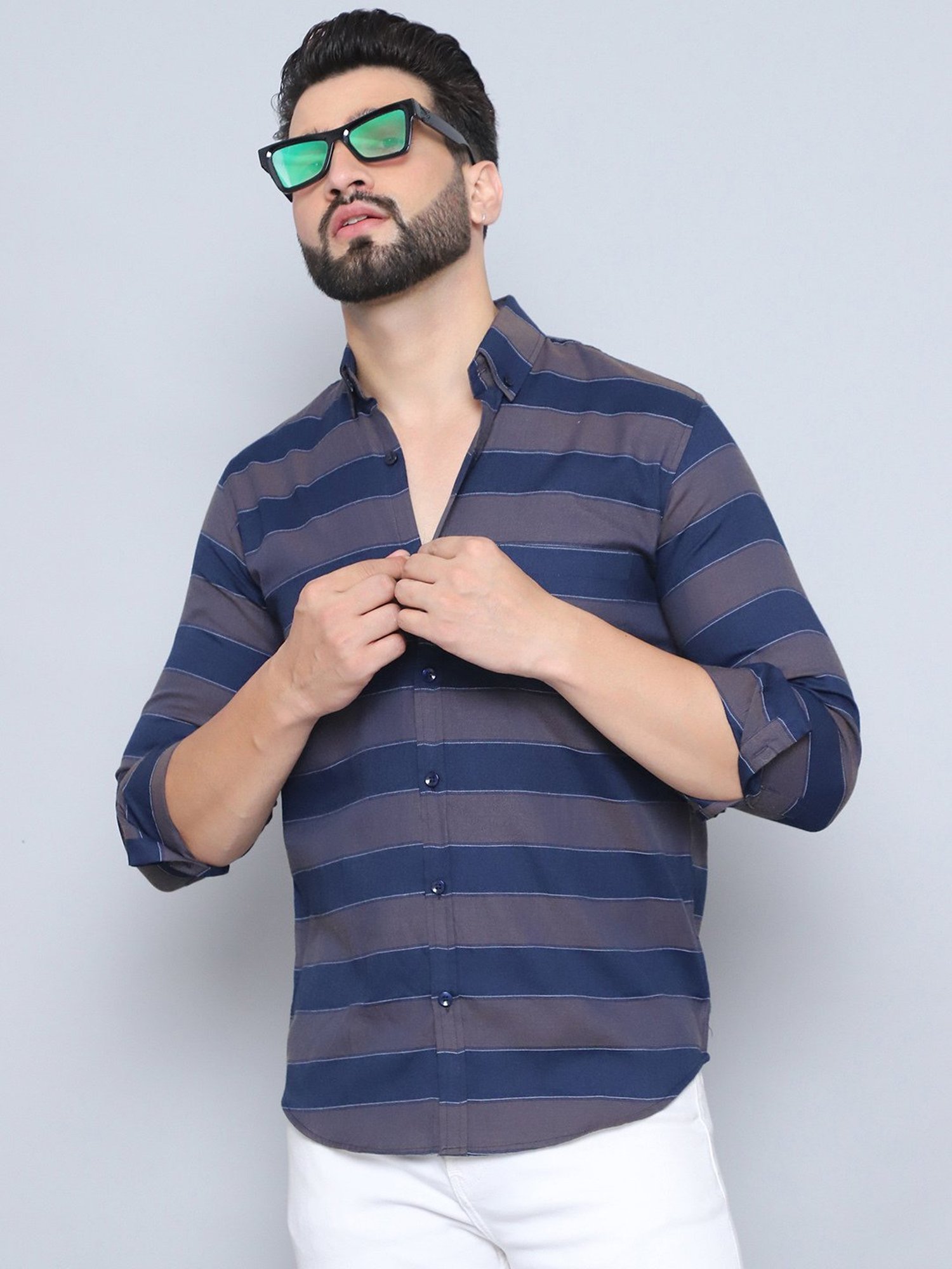 Indian Needle Grey 100% Cotton Regular fit Stripes Casual Shirt