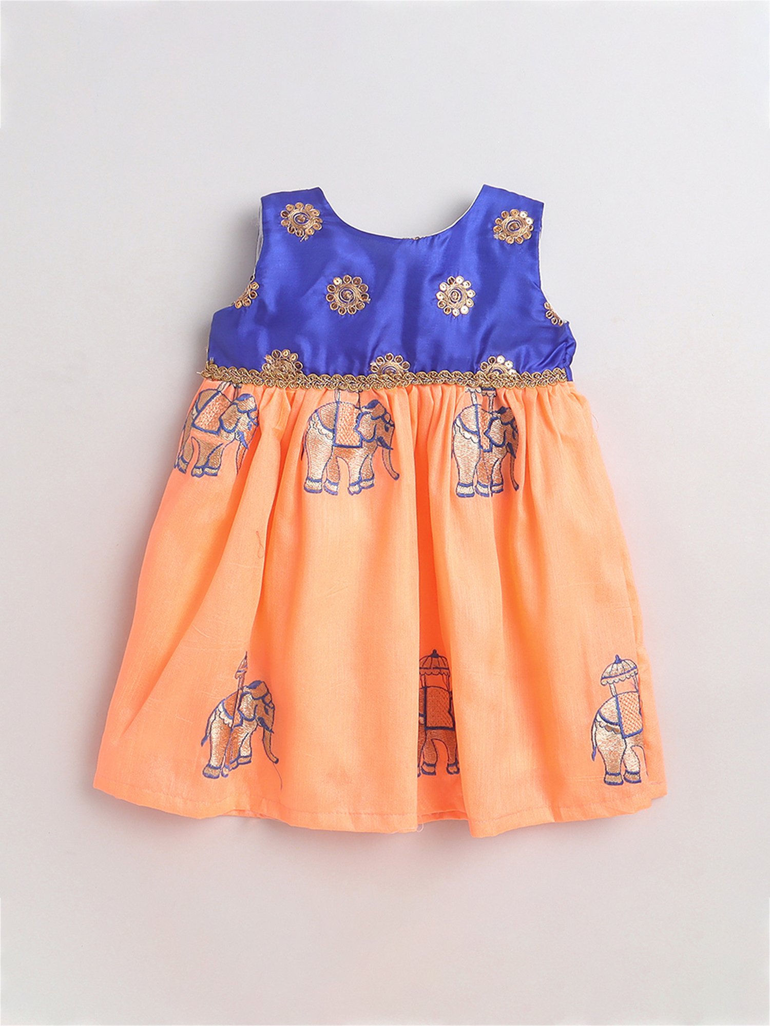 Many Frocks Kids Blue & Peach Embroidered Dress