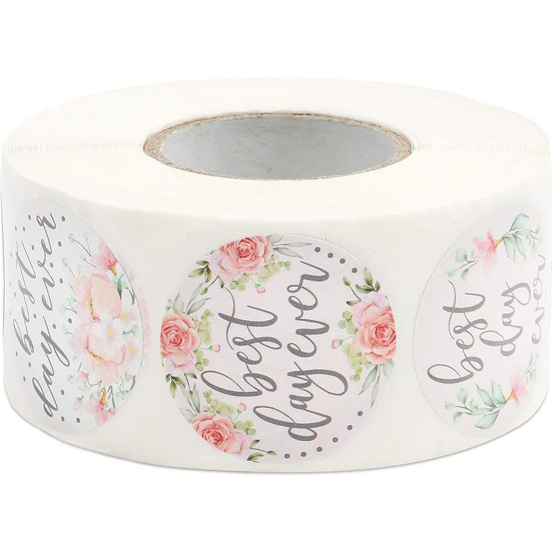 Pipilo Press 1000-Pack Pink Floral Stickers Roll, Best Day Ever, Assorted Color (1.5 Inches)