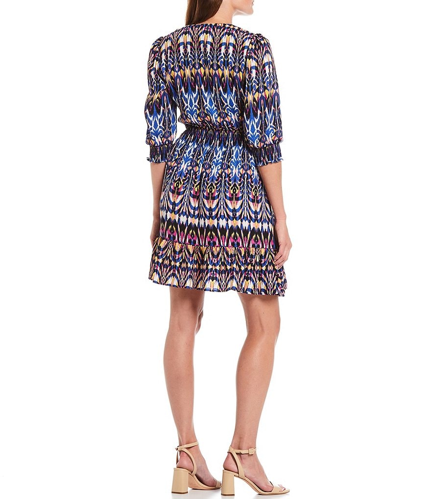 Maison Tara Surplice V-Neck Short Sleeve Printed Ruffle Flounce Hem Faux Wrap Dress