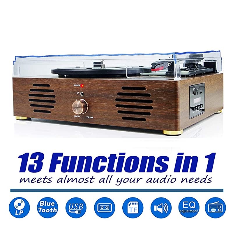 Player-13 in 1 Turntable with Speakers Vinyl ing LP Bluetooth USB TF Card FM Radio Aux Input RCA Line Out and Headphone Jack