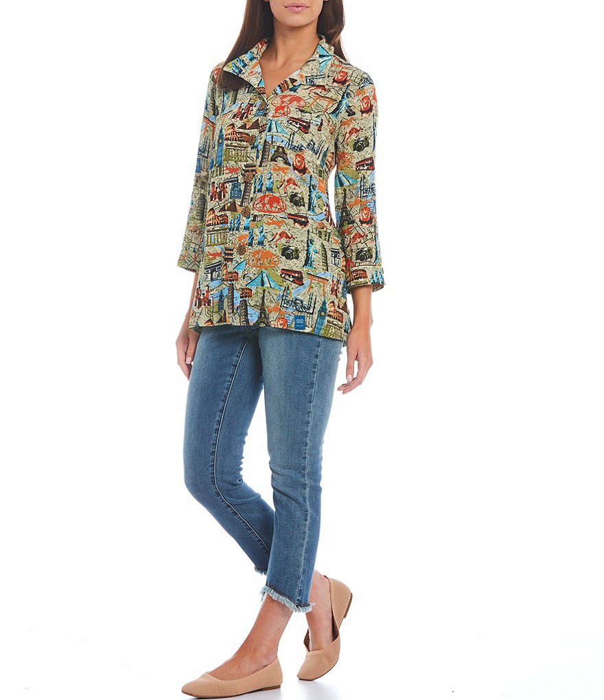 John Mark 3/4 Sleeve Wire Point Collar Neck Crinkle Novelty Print Pocket Tunic