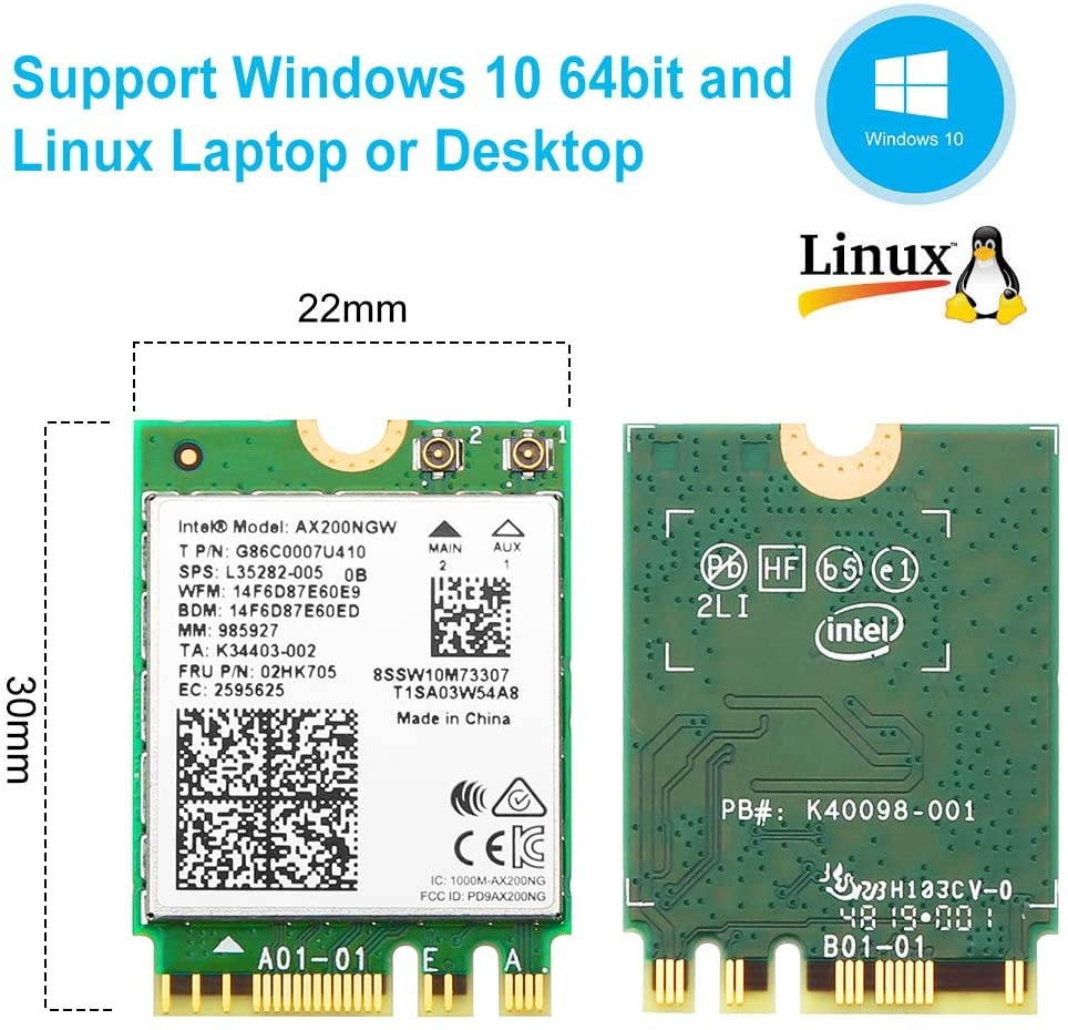 WiFi 6 AX200 WiFi Card Intel Wireless Network Card802.11ax Dual Band 5GHz/2.4GHz WiFi 6 Card for Laptop with Bluetooth 5.0 Windows 10 64-bit/Linux M.2/NGFF 2230