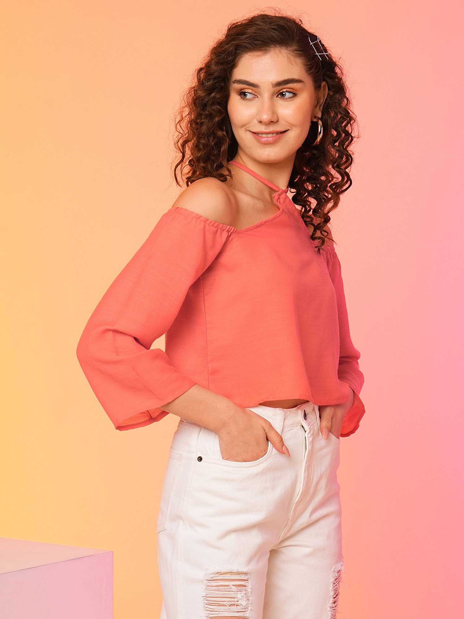 Globus Coral Cotton Relaxed Fit Crop Top