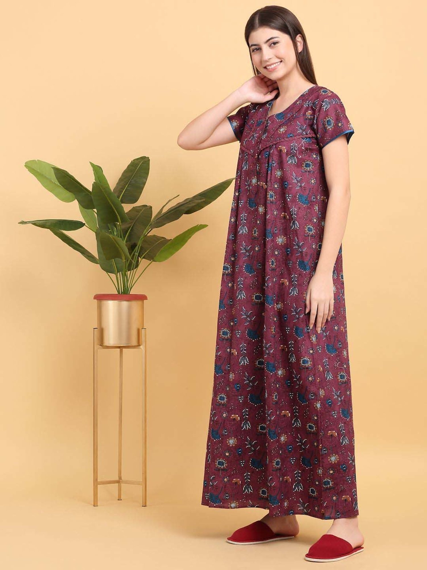 Sweet Dreams Red Cotton Printed Night Dress