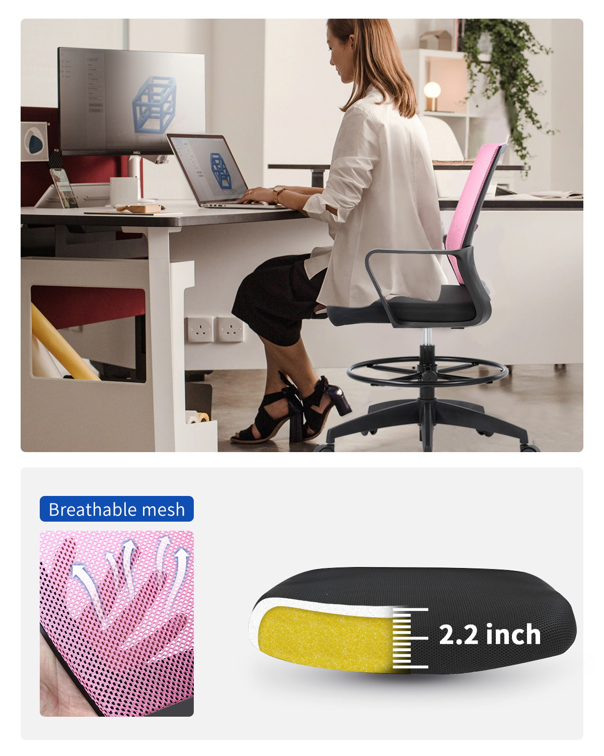 Drafting Chair Tall Office Chair Computer Chair Adjustable Height with Lumbar Support Arms Footrest Mid Back Task Desk Chair Swivel Rolling Mesh Drafting Stool for Adults Women Girls(Pink)