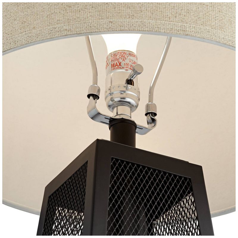 Franklin Iron Works Industrial Artisan Table Lamp with Nightlight LED USB Port Metal Mesh Burlap Shade for Living Room Bedroom