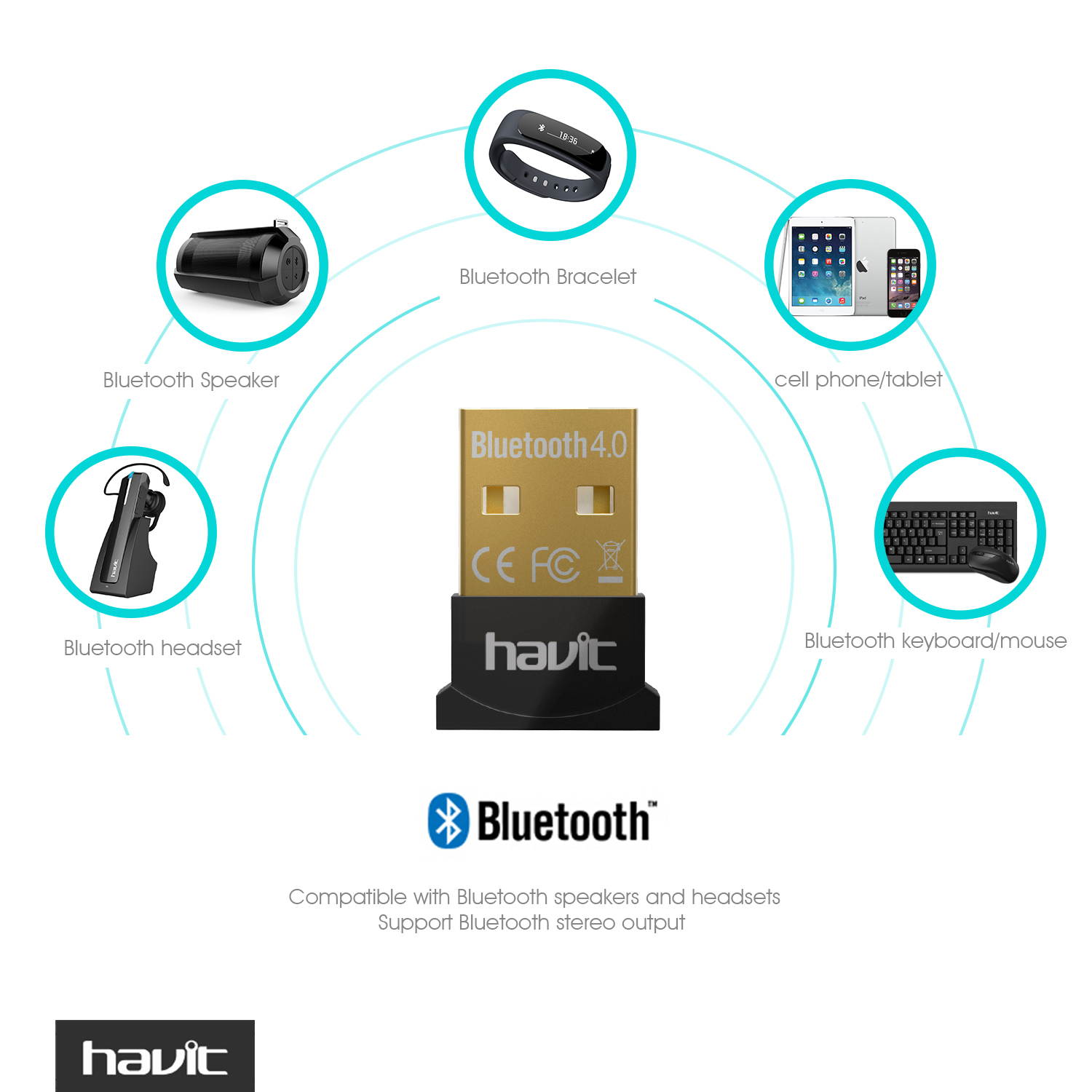 HAVIT HV-888 Bluetooth 4.0 USB Dongle Adapter, Wireless Receiver, Low Energy, for PC,Stereo Headphones,Cell Phones,Speaker