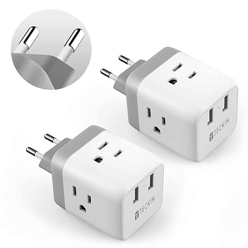 Travel Plug Adapter 2 Pack TECKIN International Travel Power Converter for Europe, Outlet Adaptor with 2 USB, US to EU Germany, Spain, France, Italy, Denmark, Iceland (Type C)