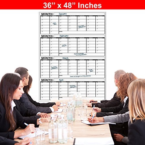 Business Basics EXTRA LARGE Dry Erase 4 Month 24" x 36" in Wall Calendar Laminated Dry or Wet Erase Print Squares to Plan Your Whole Day Perfect for School Office Cubicle Home College Dorms