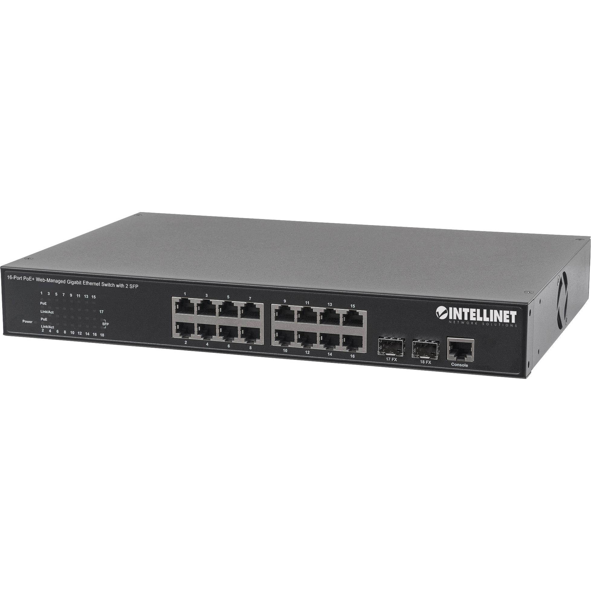 Intellinet 16-Port PoE+ Web-Managed Gigabit Ethernet Switch with 2 SFP Ports