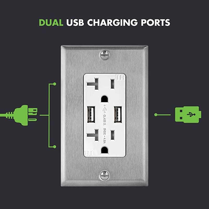 48A High Speed USB Outlet Charger with Stainless Steel Decorator Wall Plate 24W 20A TamperResistant Receptacle UL Listed TU22048AWWP7731 White