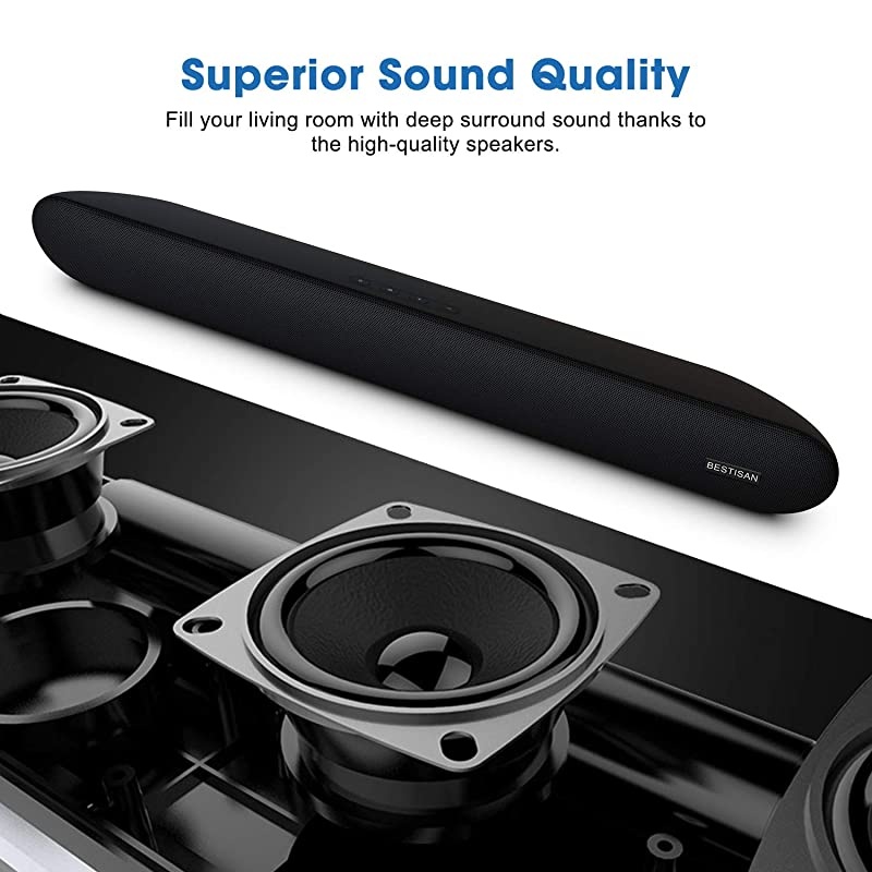 Soundbar, Bestisan TV Sound Bar Wired and Wireless Bluetooth 5.0 Home Theater Speakers (4 Drivers, Enhanced Bass Technology, Dual Connection Methods, Dialogue/Movie/Music Audio Mode)