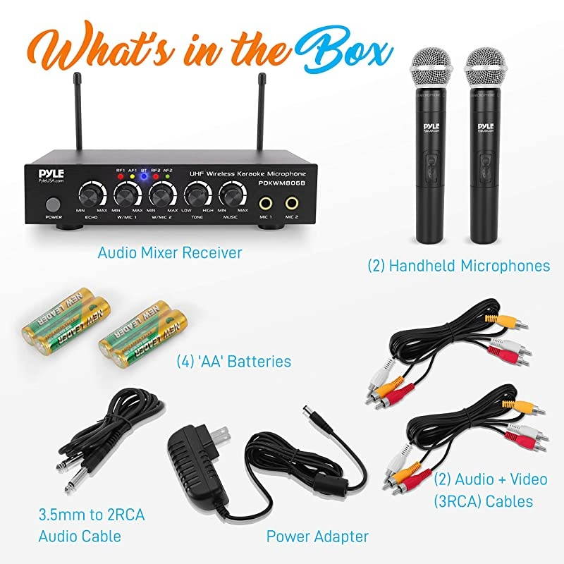Portable UHF Wireless Microphone System Battery Operated Dual Bluetooth Cordless Microphone Set Includes 2 Handheld Transmitter Mic Mixer Receiver RCA for PA Karaoke DJ Party  PDKWM806B