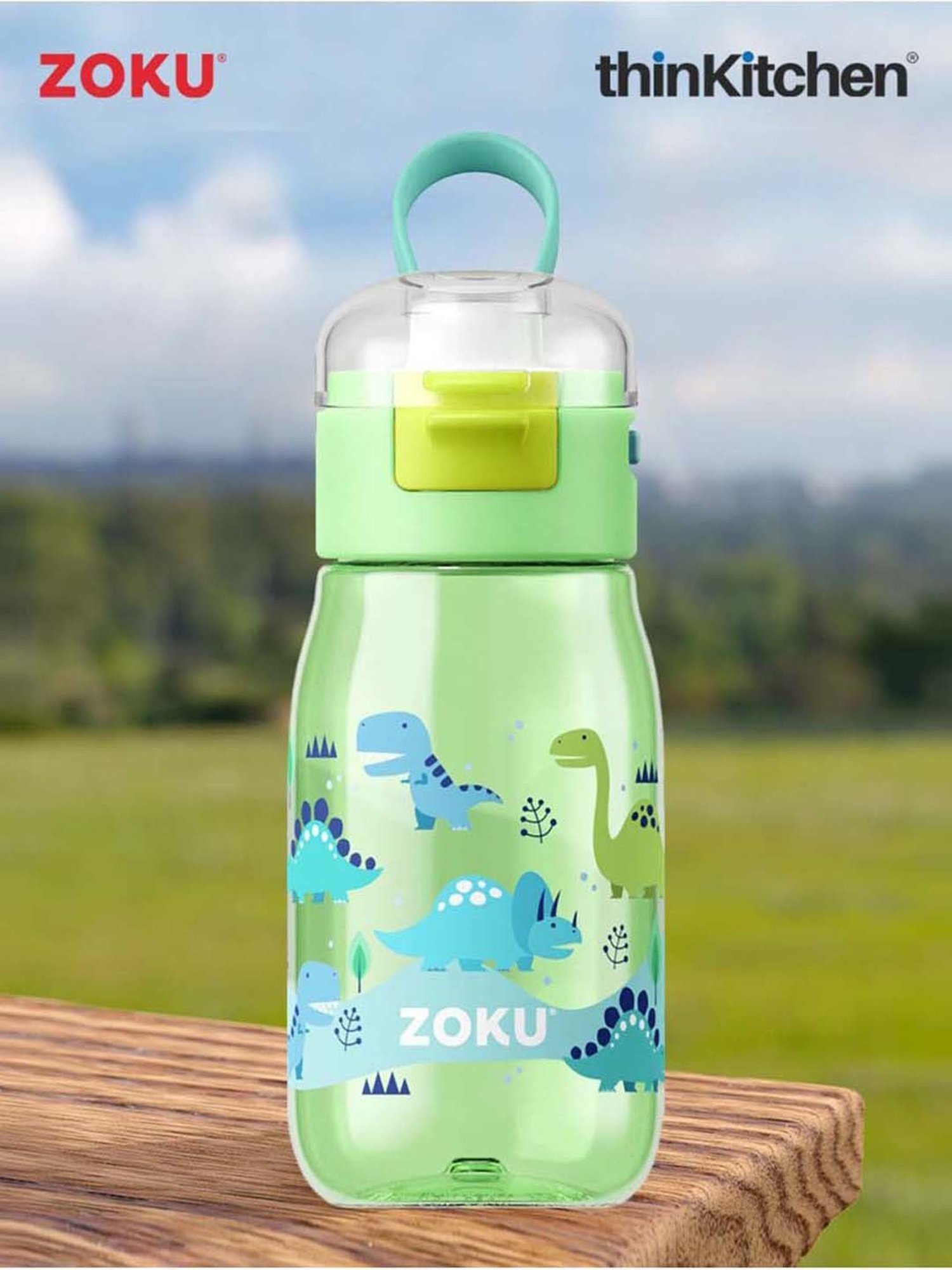 Zoku Green Plastic Dino Kids Flip Gulp Bottle (0.475 L)