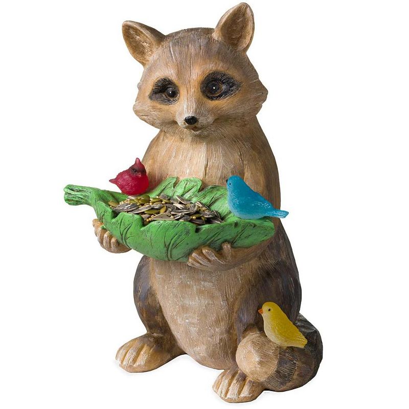 Wind & Weather Raccoon With Leaf Bird Feeder with Solar Lighted Birds