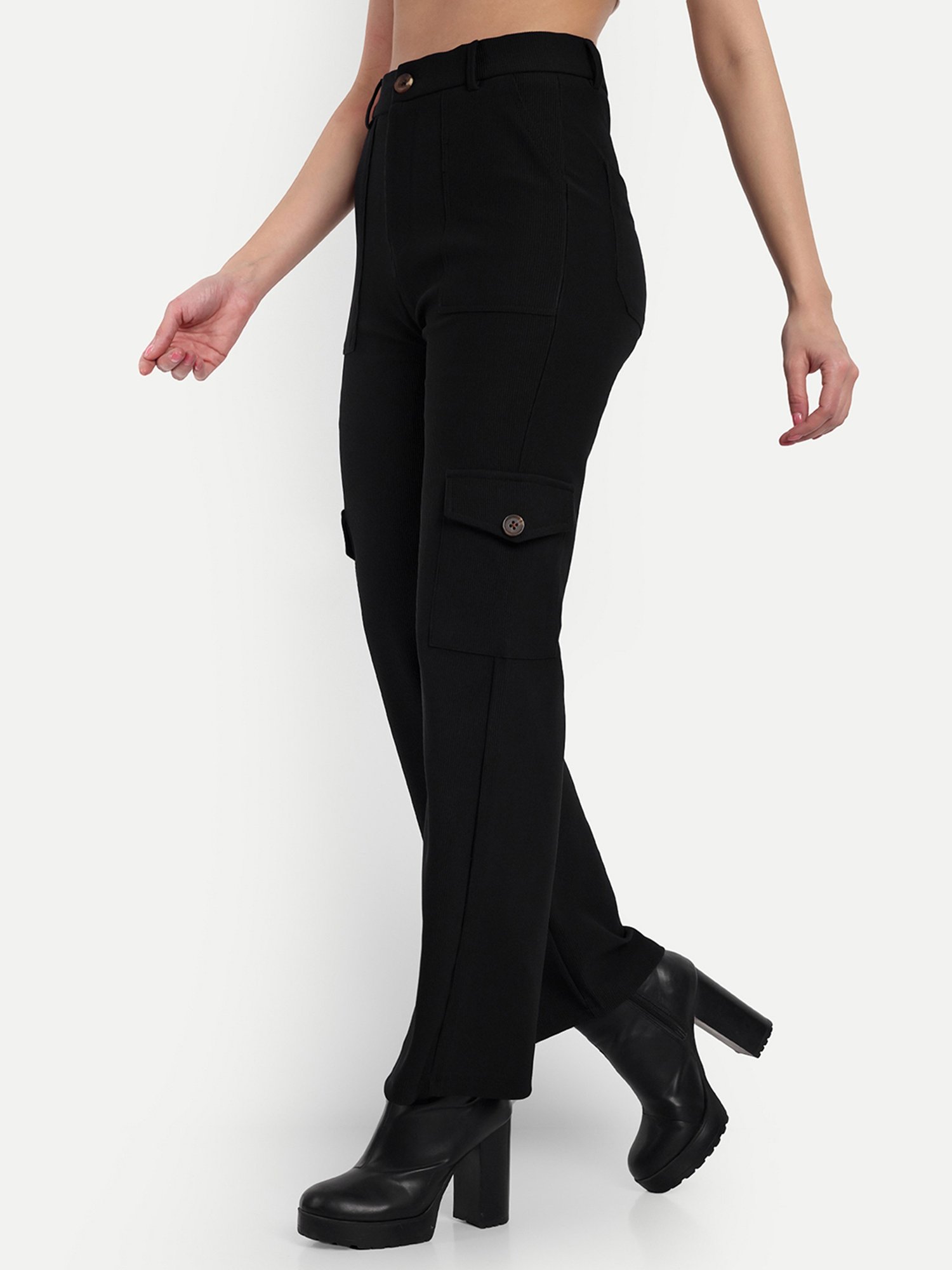 Broadstar Black Cotton Straight Fit High Rise Cargo Pants