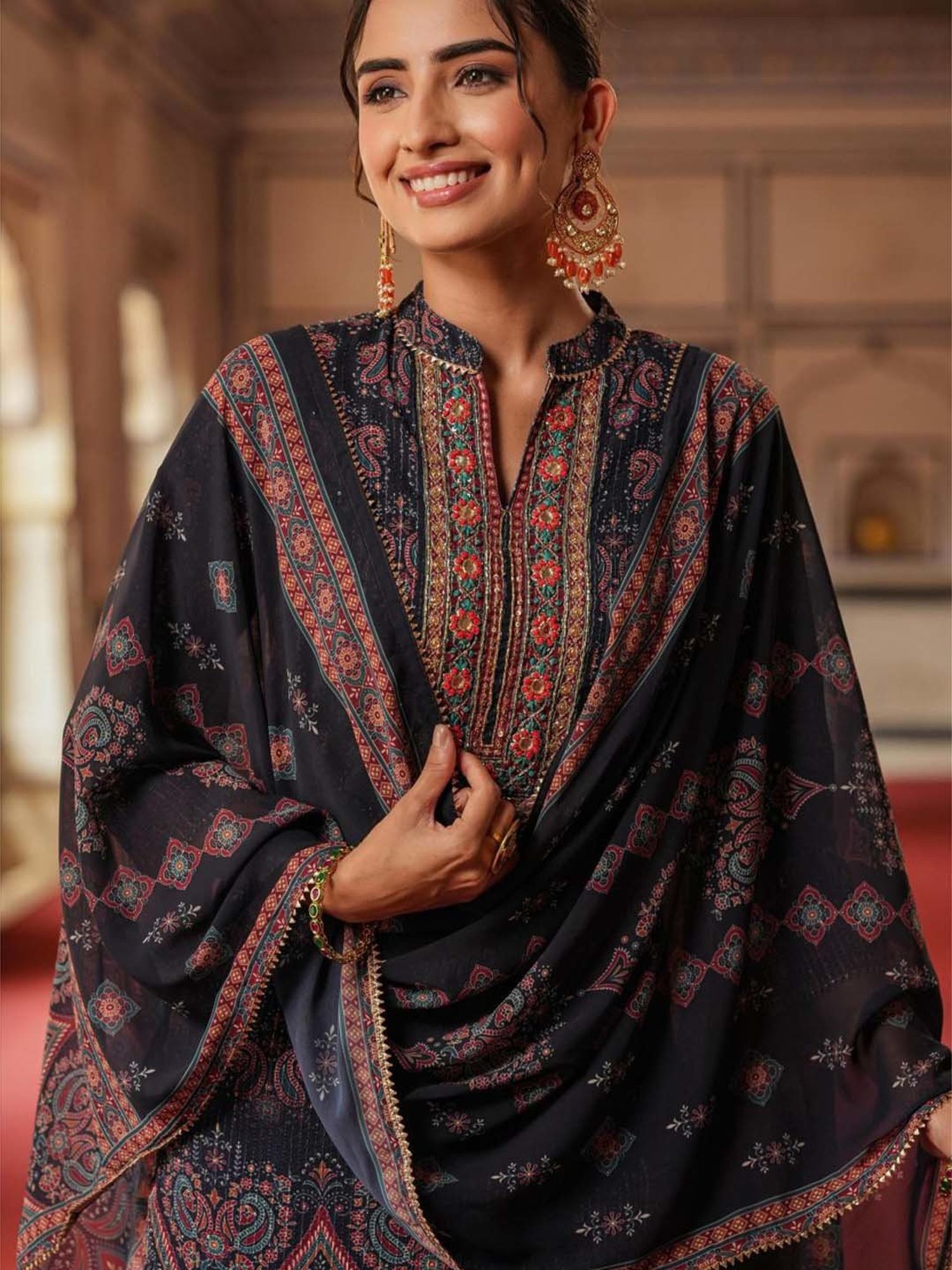 SCAKHI Navy Printed Kurti Sharara Set With Dupatta