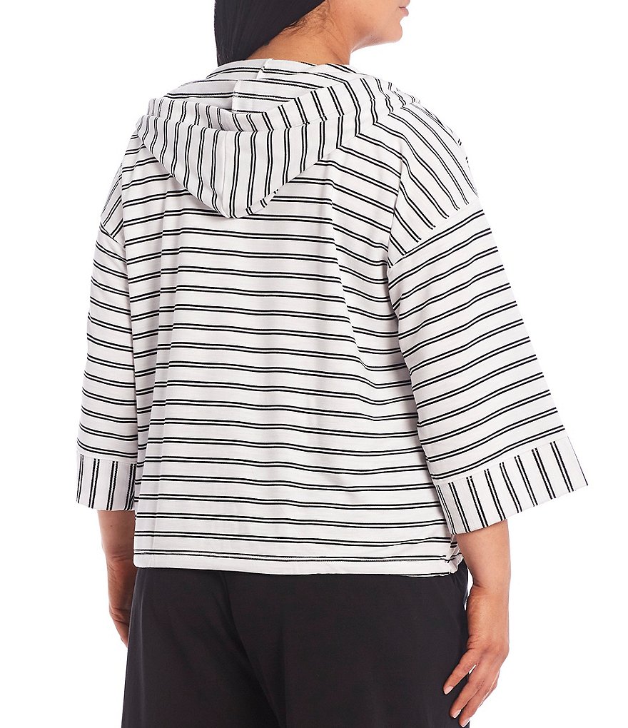 Ruby Rd. Plus Size Stripe Print Silky Terry Knit Hooded Zip Up 3/4 Sleeve Drawstring Hem Jacket