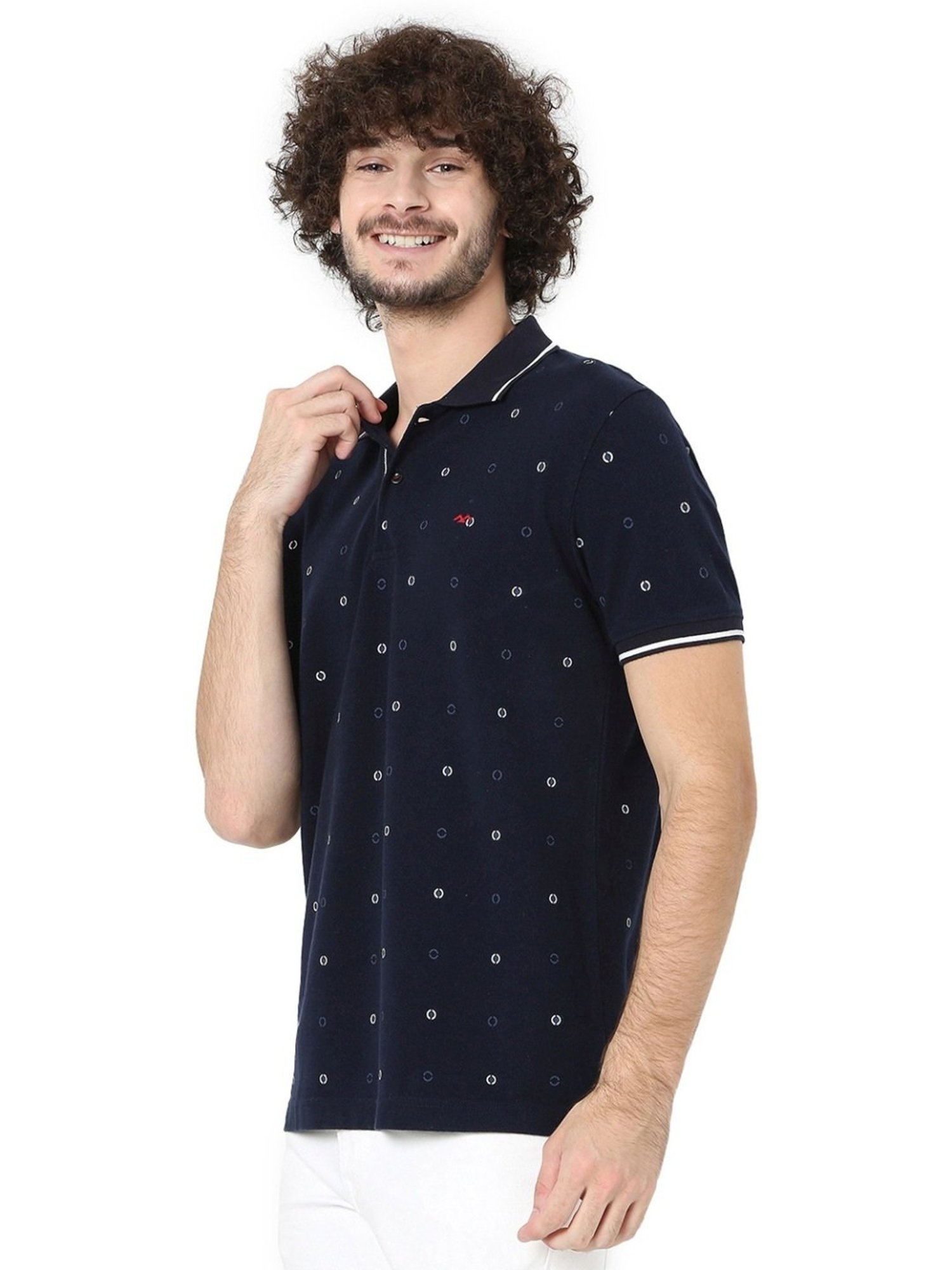 Mufti Blue Cotton Slim Fit Printed Polo T-Shirt