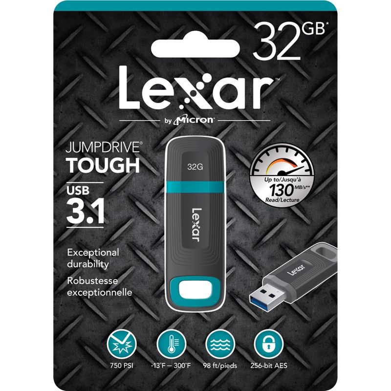Lexar JumpDrive Tough USB 3.1 Flash Drive - 32 GB - USB 3.1 - 256-bit AES - 3 Year Warranty