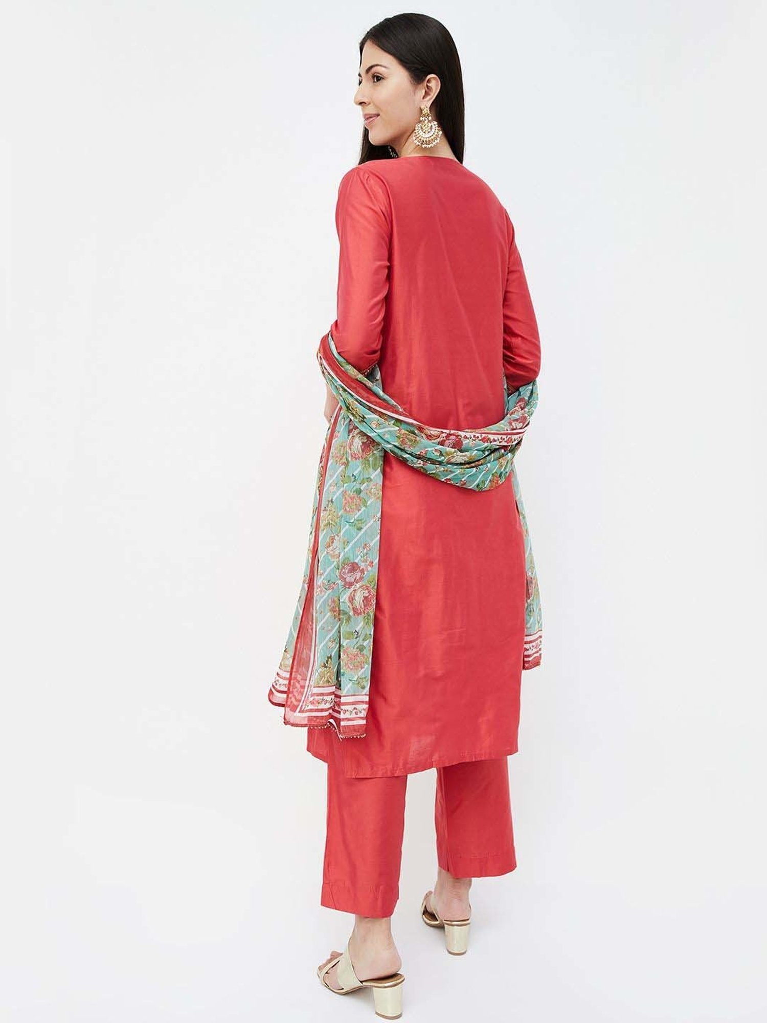 Melange by Lifestyle Red Embroidered Kurta Pant Set With Dupatta