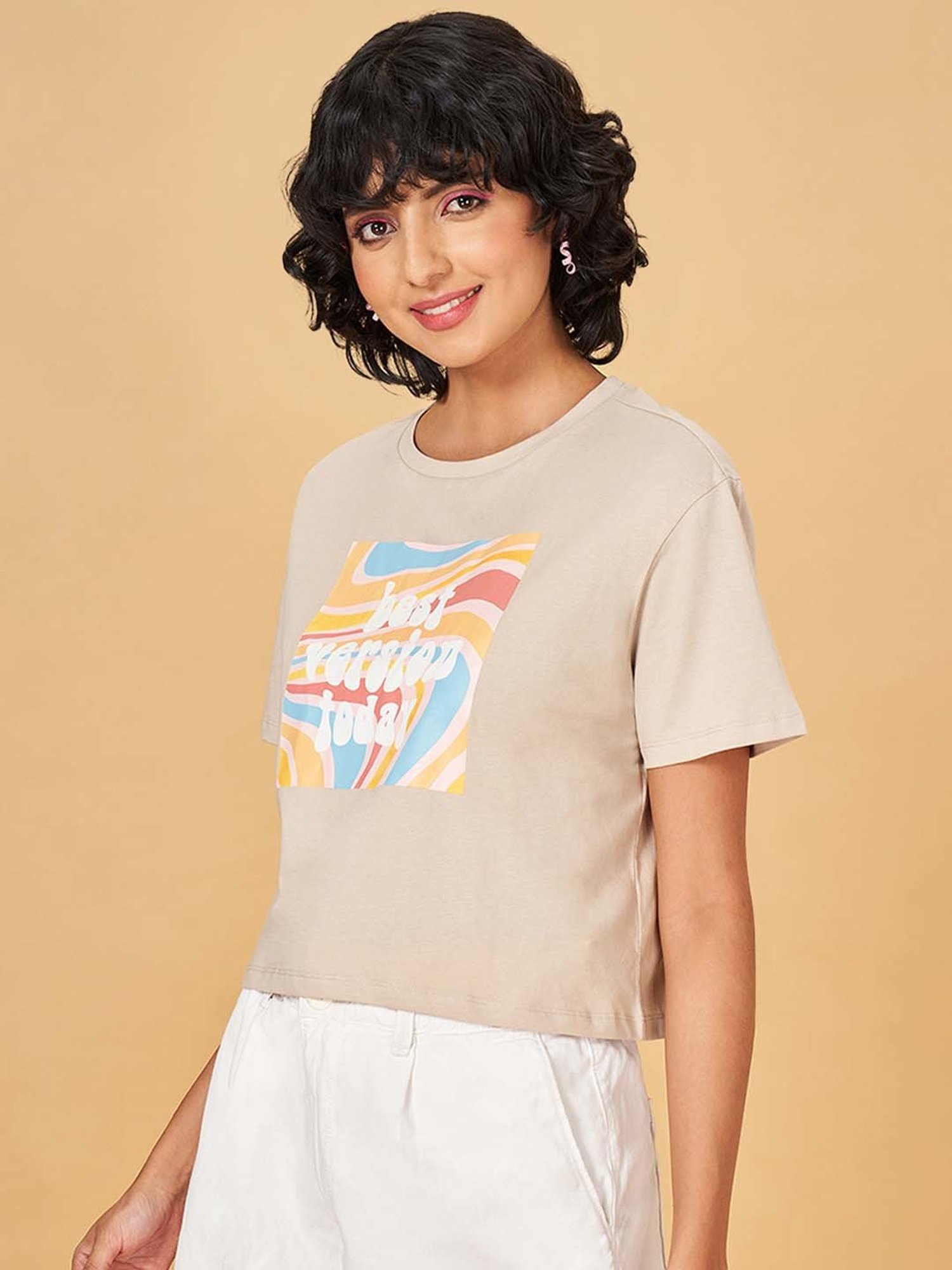 People by Pantaloons Beige Cotton Printed T-Shirt