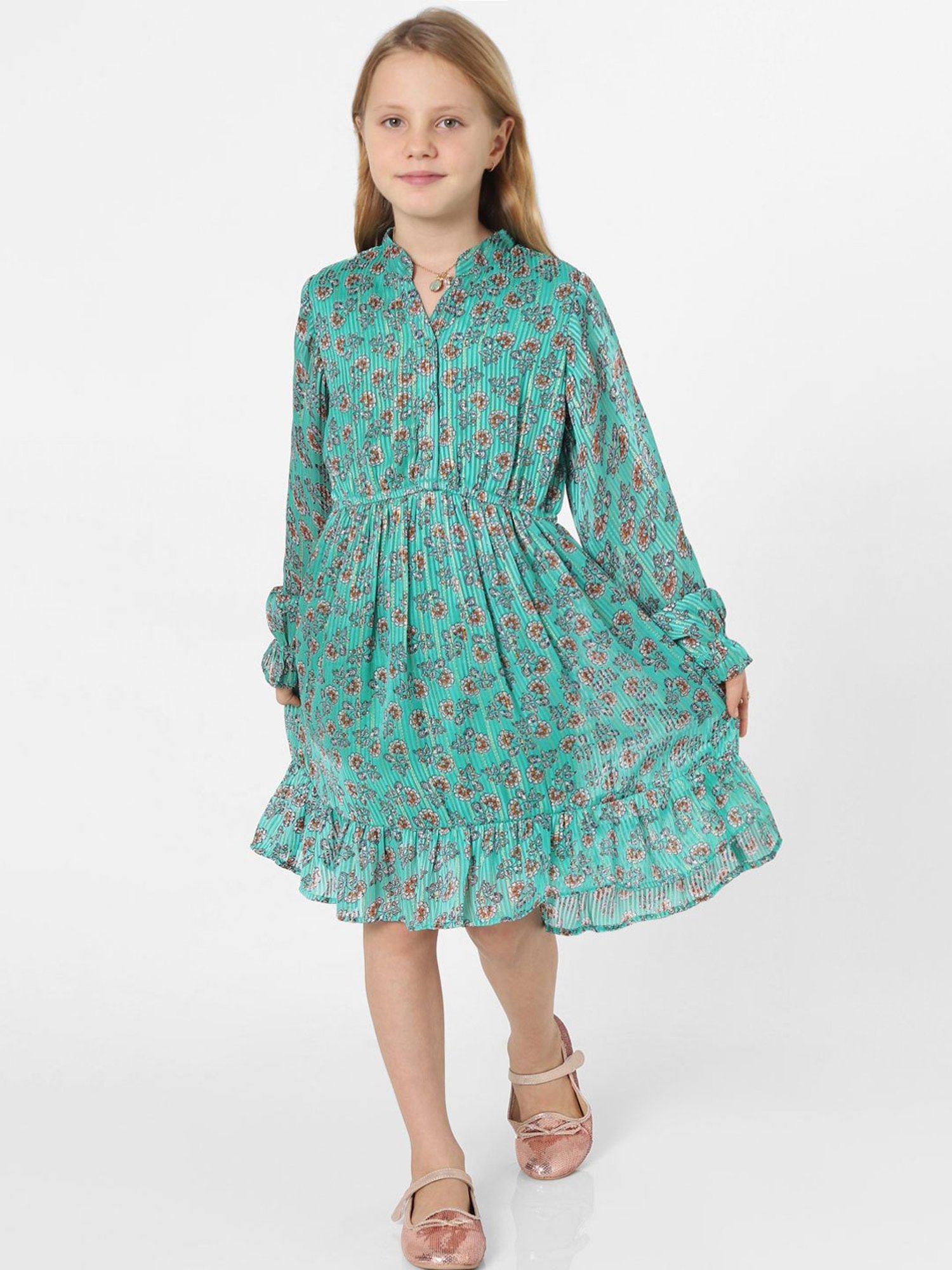 KIDS ONLY Sea Green Floral Print Full Sleeves Dress