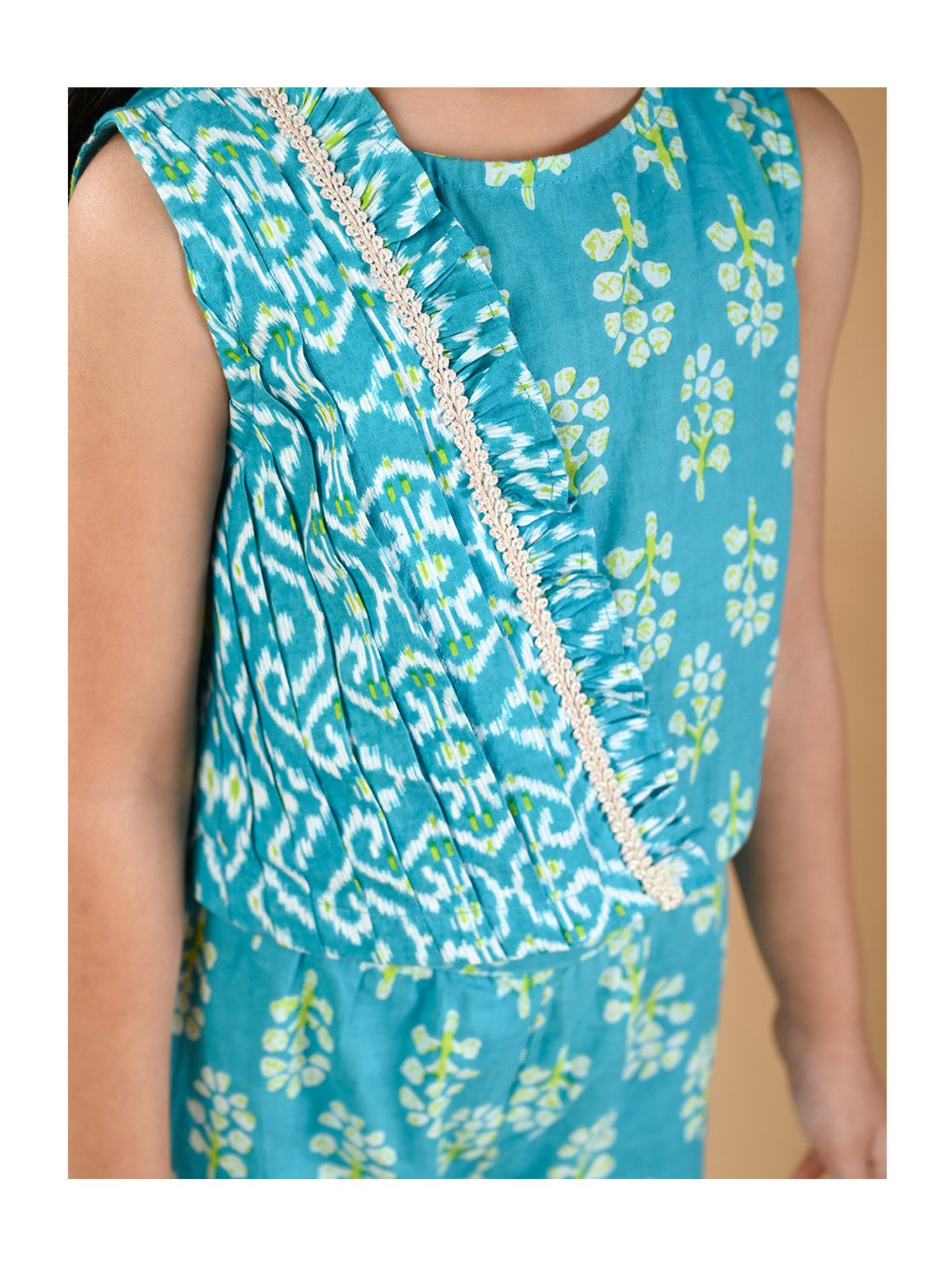 Budding Bees Kids Turquoise Floral Print Top, Sharara with Sling Bag