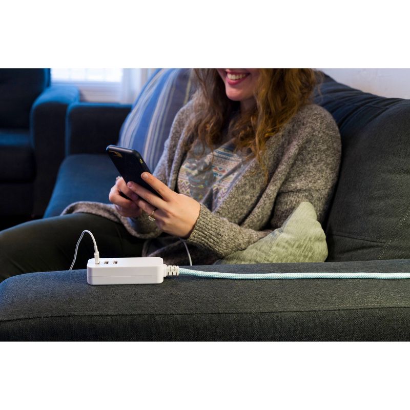 Cordinate USB Extension Cord with Surge 3 Ports 3.4A 10' Braided Cord Mint/White