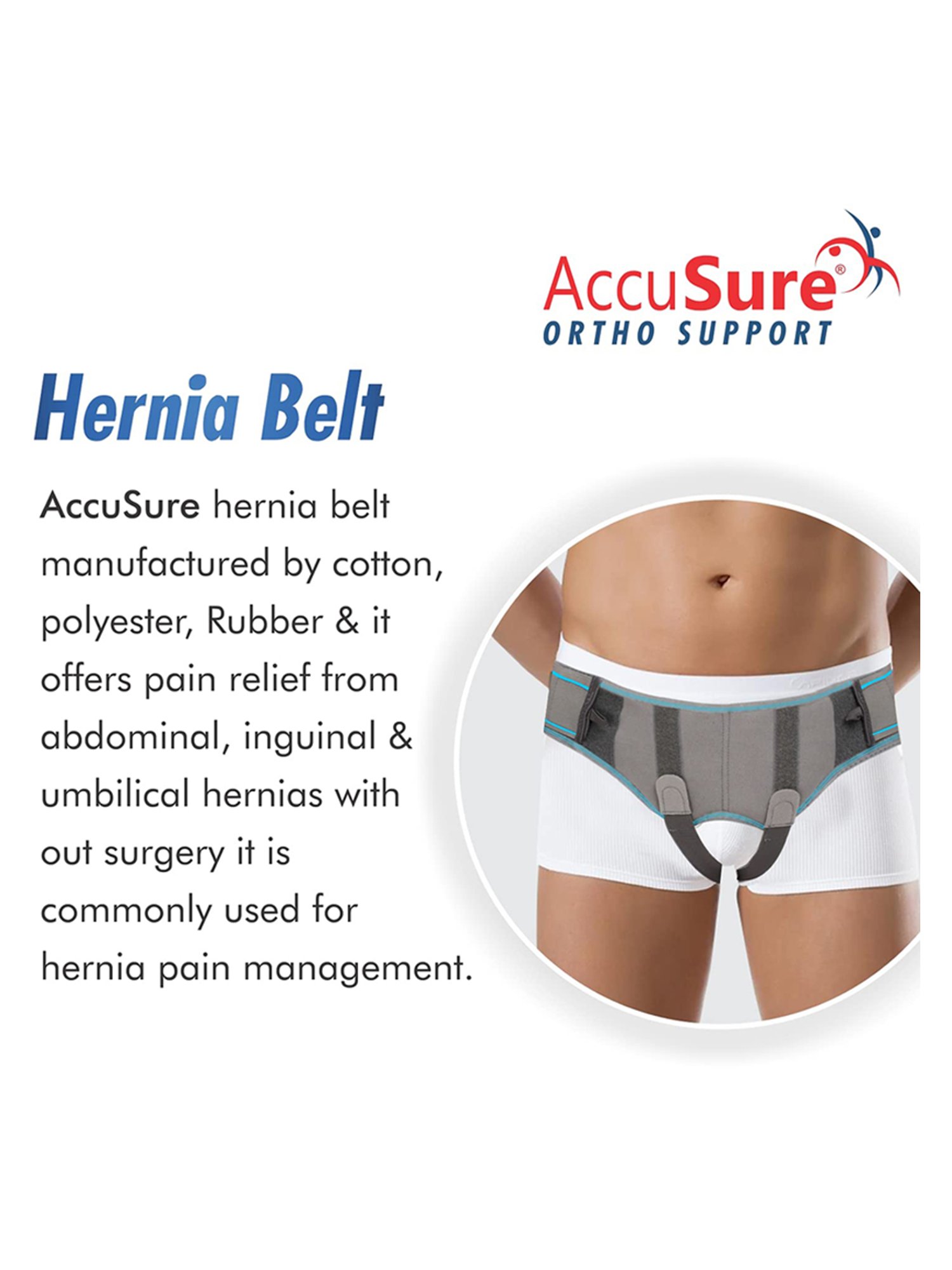 AccuSure Hernia Belt for Men with 2 Removable Compression Pads - Medium (Grey)