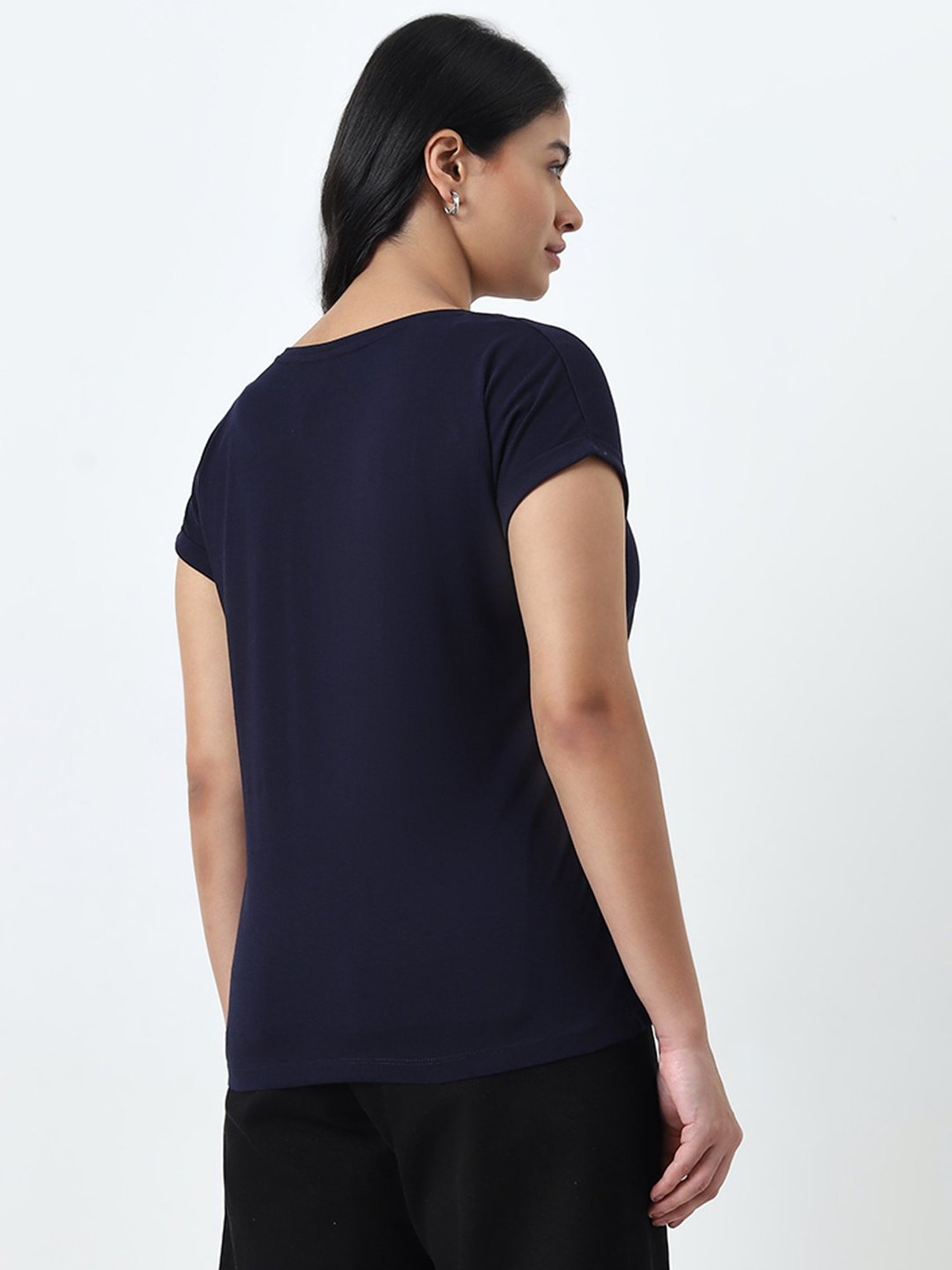 Gia by Westside Navy Blue Leaf Printed Cotton T-Shirt