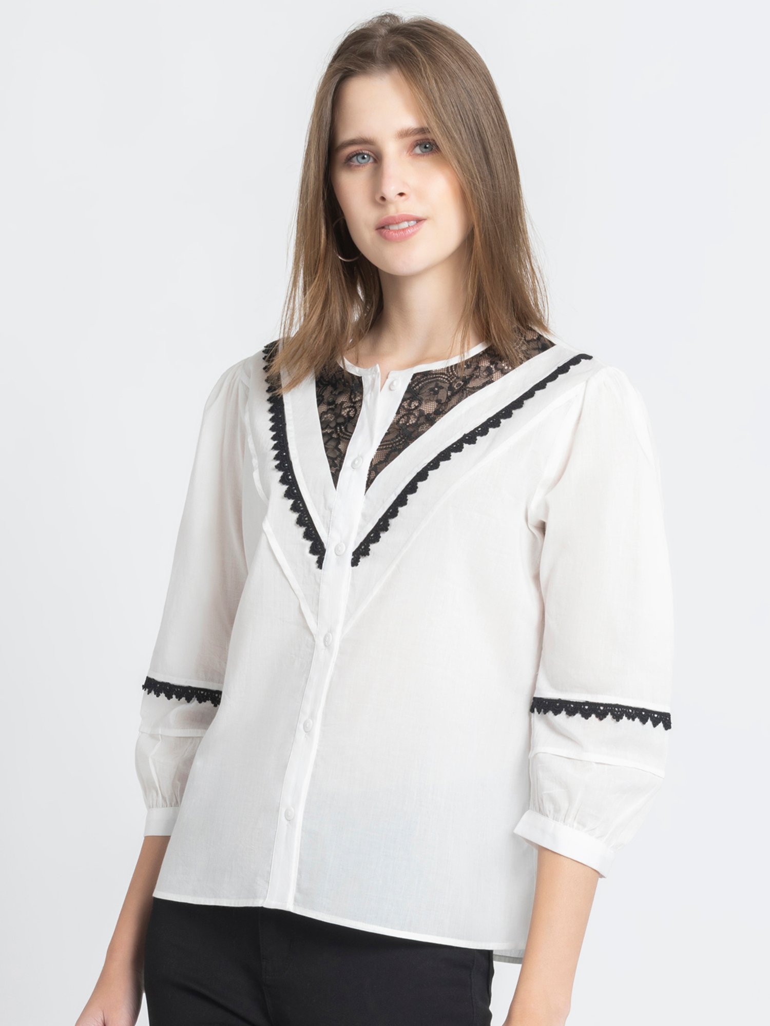 SHAYE White & Black Cotton Lace Top