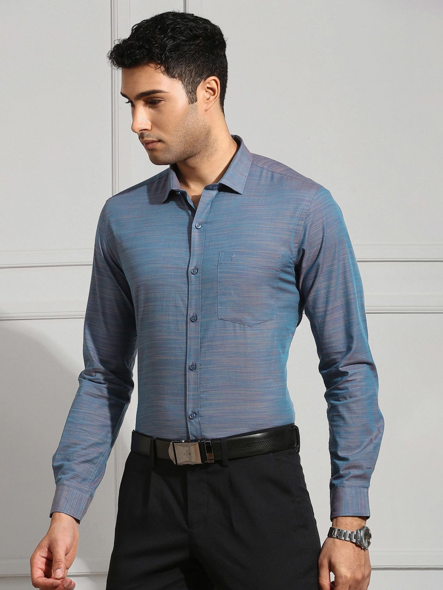 Ramraj Dark Blue Regular Fit Textured Cotton Shirt