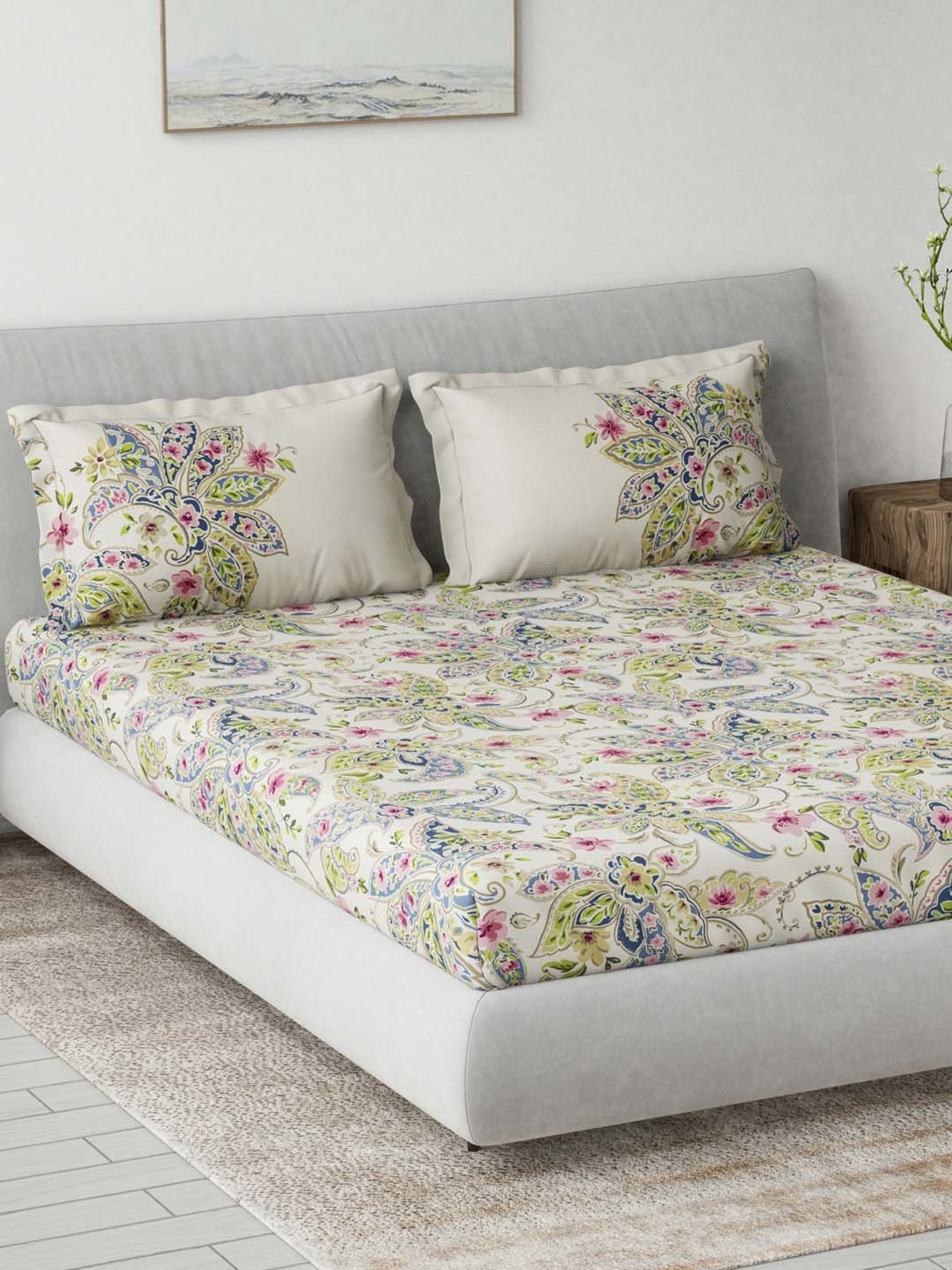 Ddecor Live beautiful Primary Green 144 TC Cotton Queen Bedsheet with 2 Pillow Covers