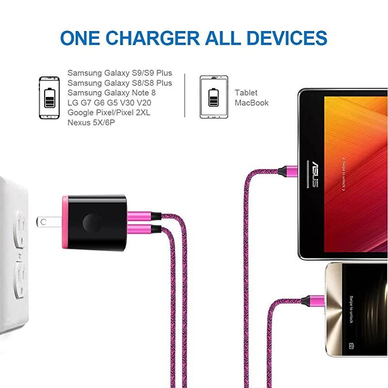 Dual USB Type C Car Charger Charging Block Wall Plug with 6ft USB C Fast Charging Cable for Samsung Note 20 10 S20 FE S10 A50 A51 A21, LG K51 Stylo 6 5 4 V50 G8 G7 ThinQ Q7, Moto G9 G8 G7 G6