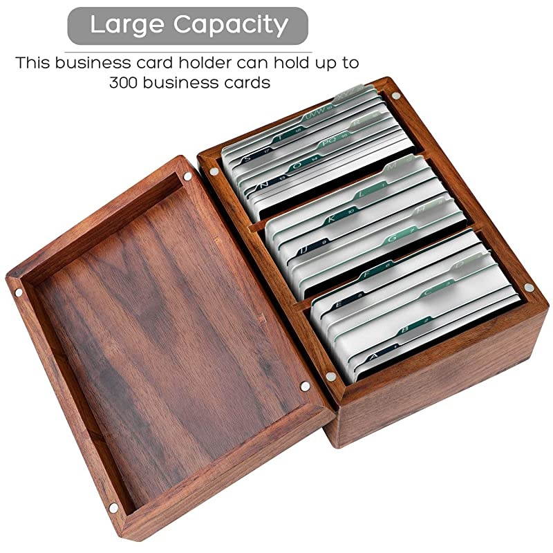 Business Card Holder 2.2 x 3.5 inches Index Cards Organizer Wood Cards Box Business Cards File Storage Index Card Organizers, 3 Divider Boards for 300 Cards, A-Z Guides, 6.3 x 4.5 x 3 inches