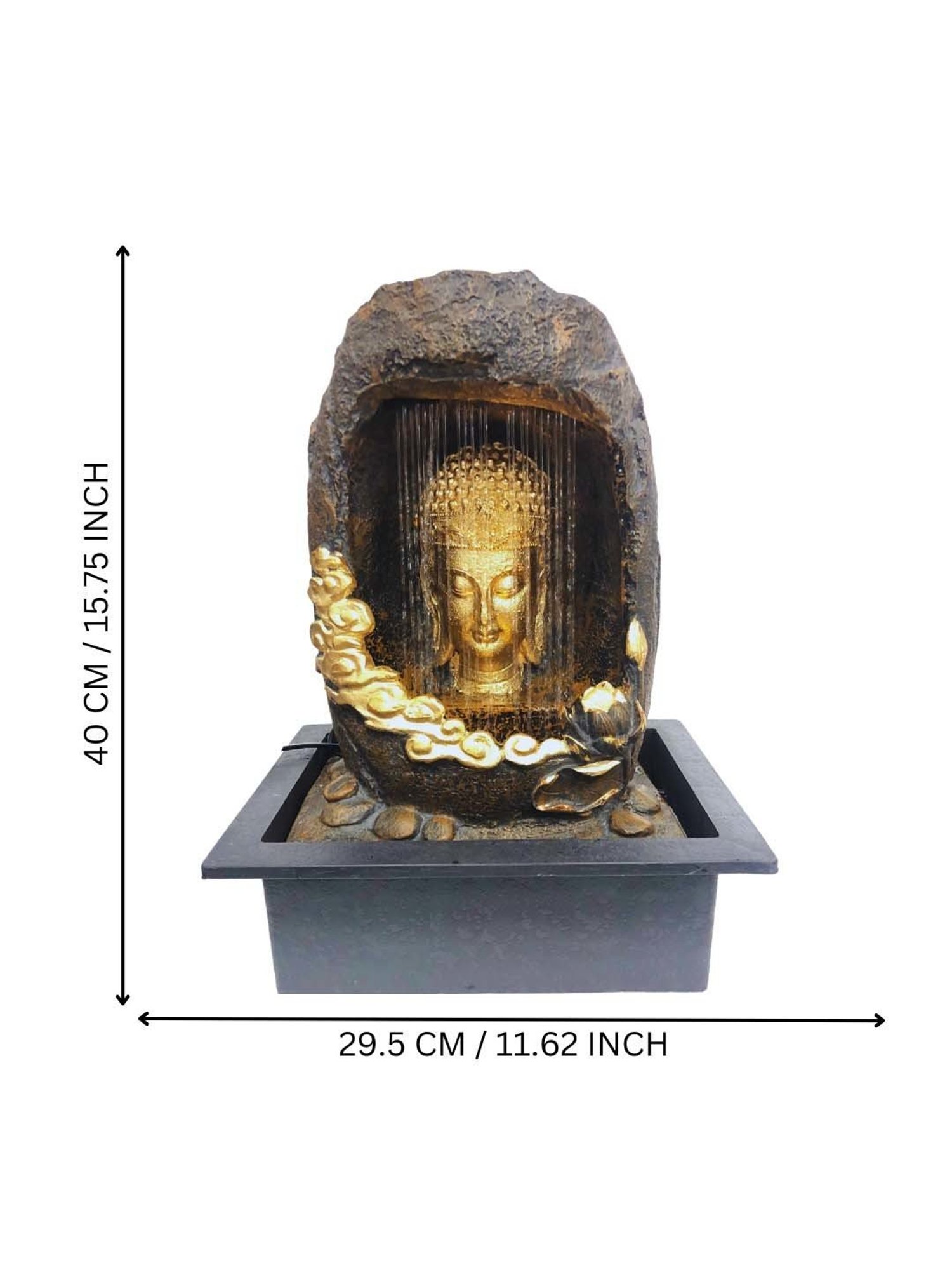 CHRONIKLE Golden & Brown Polyresin Meditating Buddha Sitting In Cave Style Waterfall Fountain