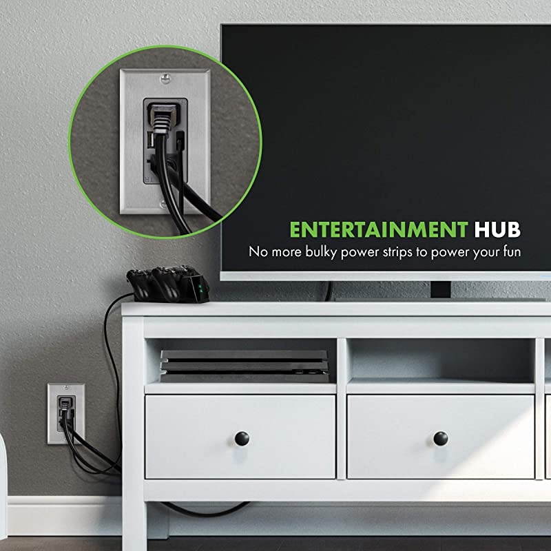 48A High Speed USB Outlet Wall Charger with Stainless Steel Decorator Wall Plate 24W 20A TamperResistant Receptacle UL Listed TU22048AGYWP7731 Gray