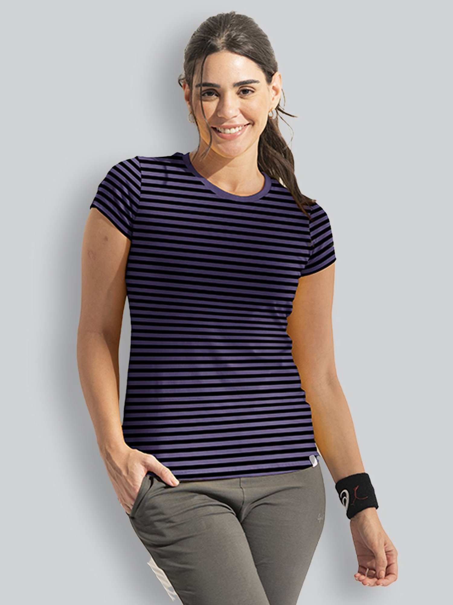 Lyra Purple Cotton Striped T-Shirt